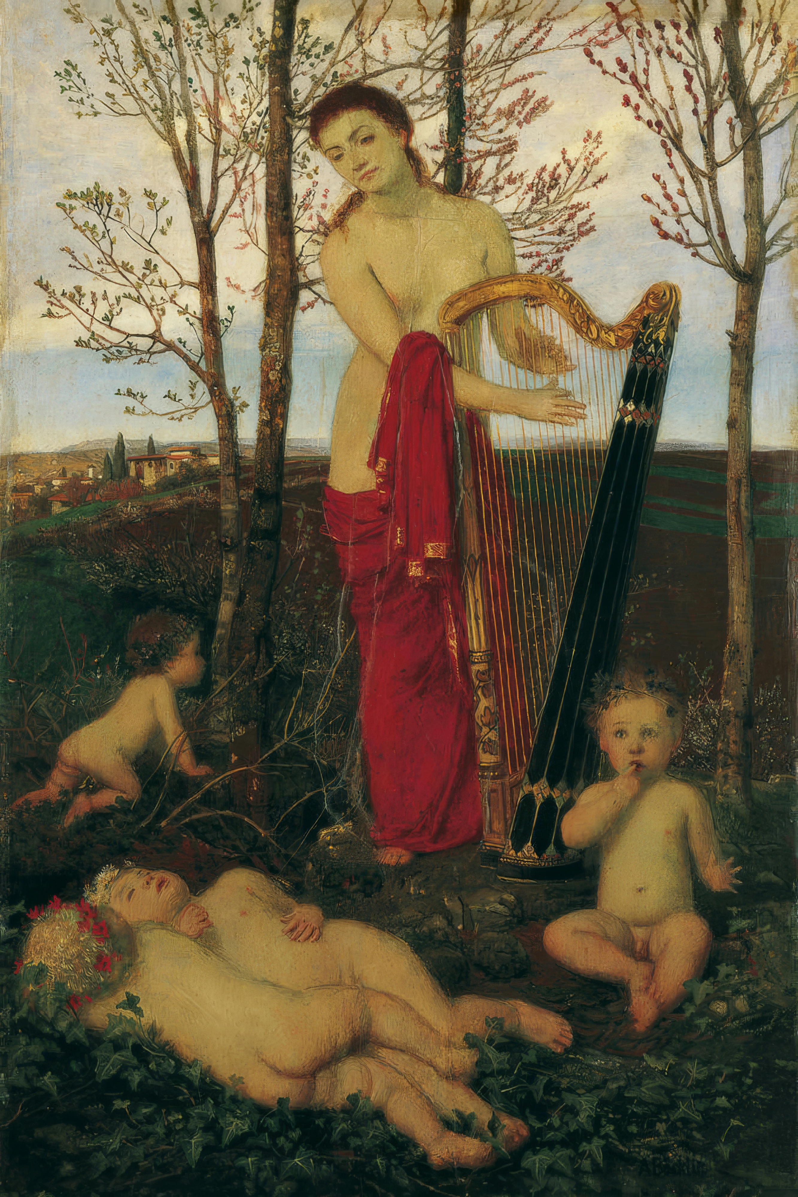 Flora plays a harp in a budding grove while cherubs wake among the ivy.