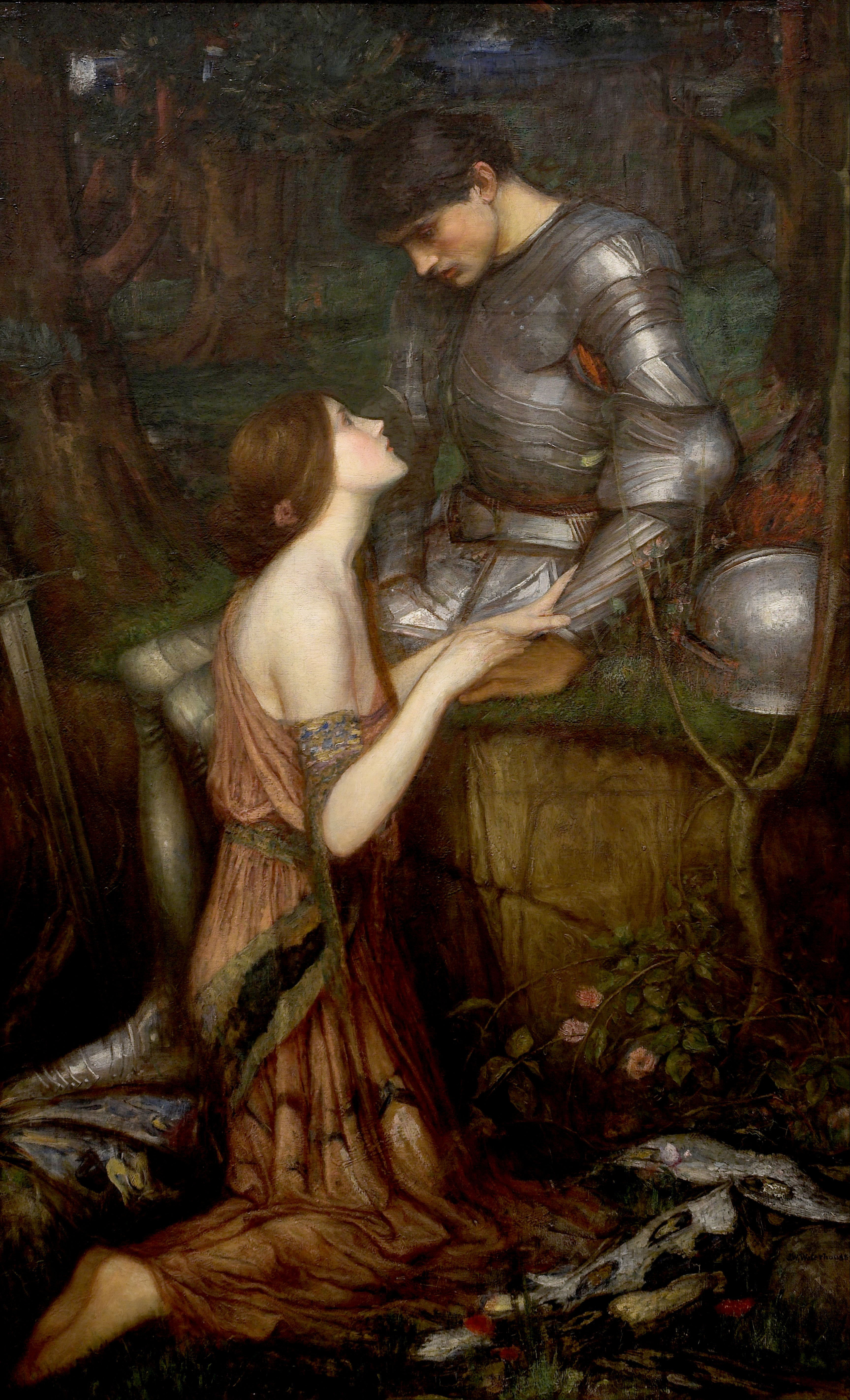 Lamia, a woman with auburn hair in a pink and gold robe, kneeling and gazing up at a knight in armour seated above her in a dark wood; painted by John William Waterhouse.