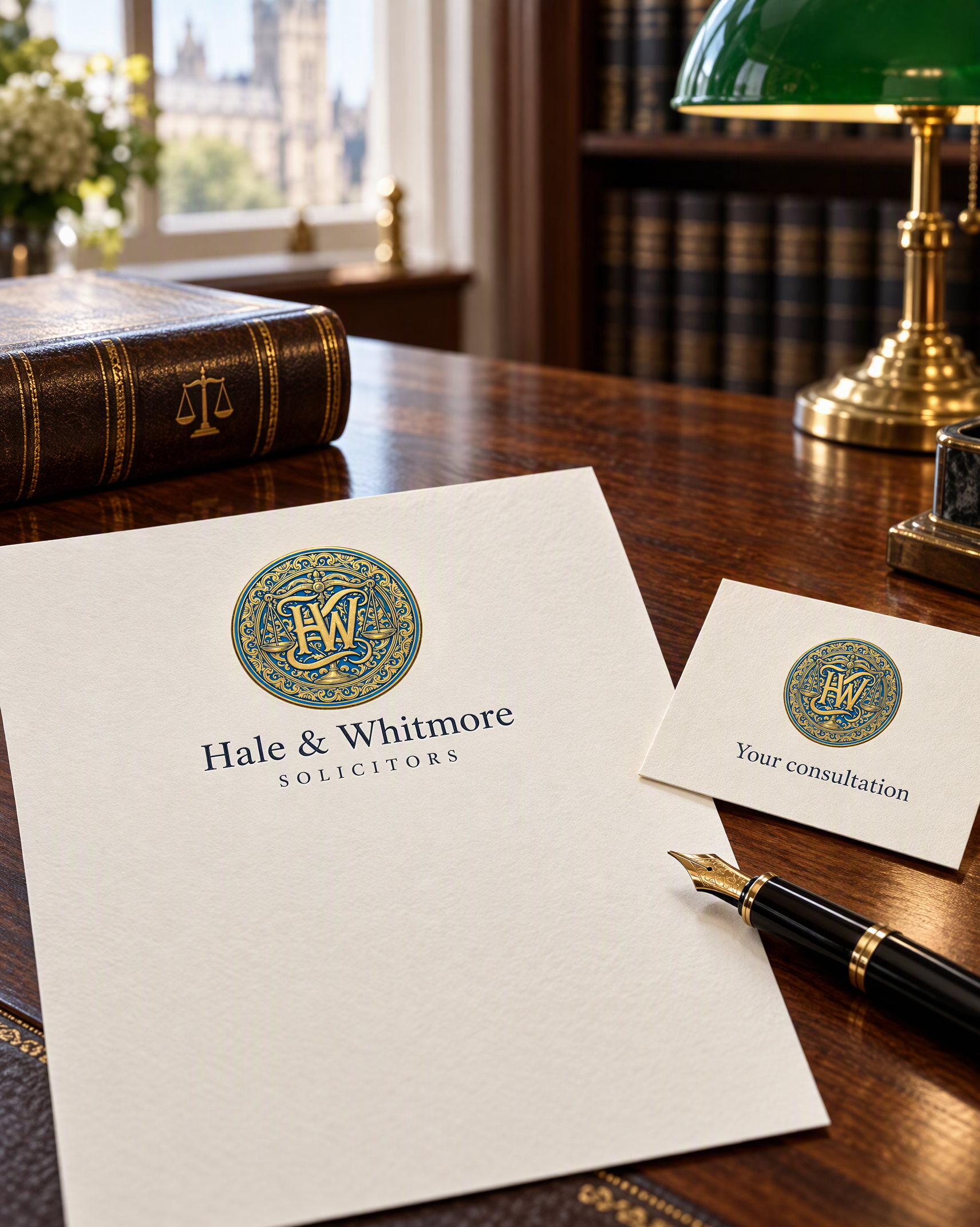 An ivory letterhead and appointment card for Hale & Whitmore, solicitors, each with a blue and gold seal of scales and an interlaced H and W, on a walnut partner's desk.