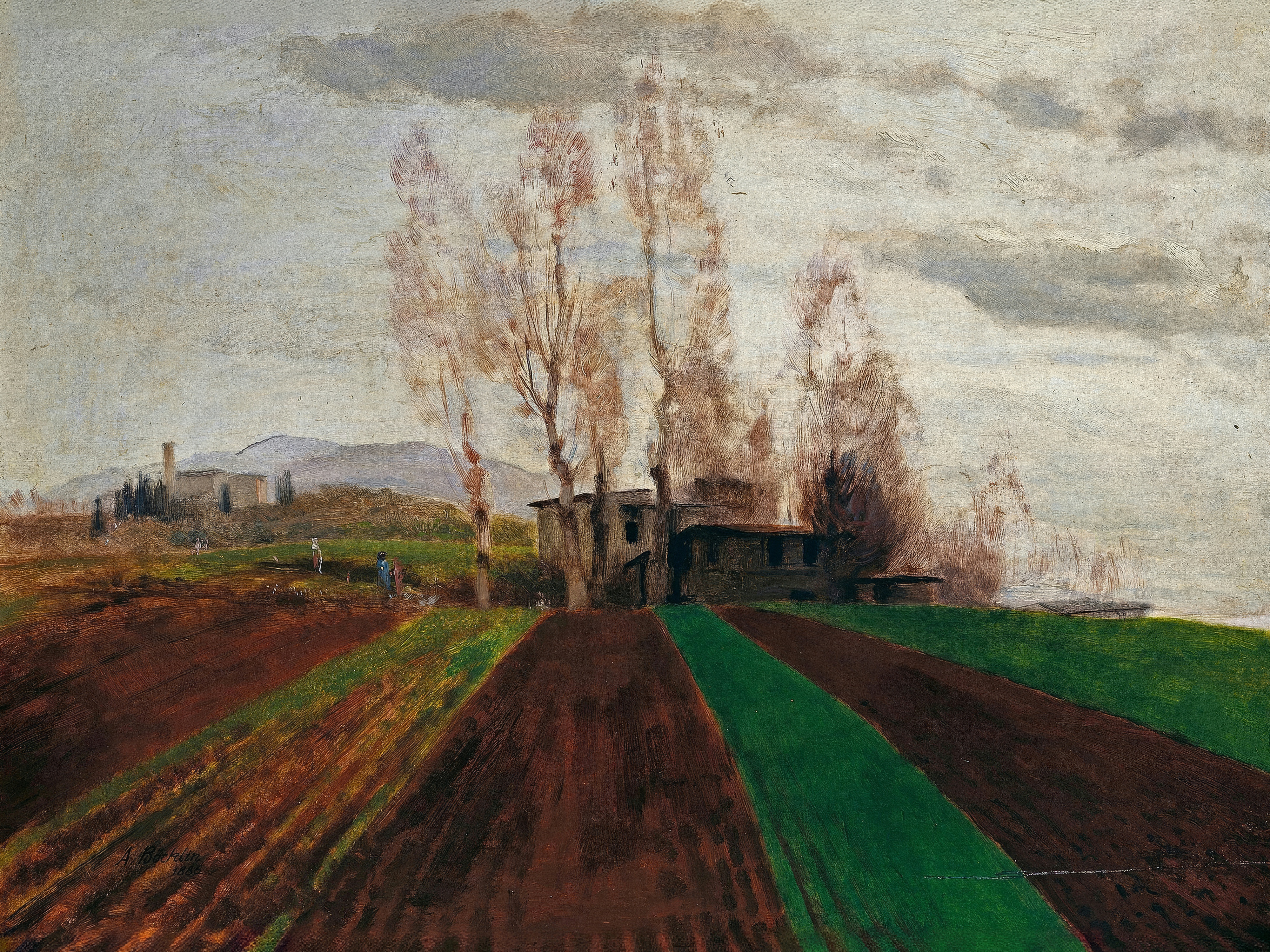 Stripes of tilled brown earth and green grass lead to a farm under a soft sky.