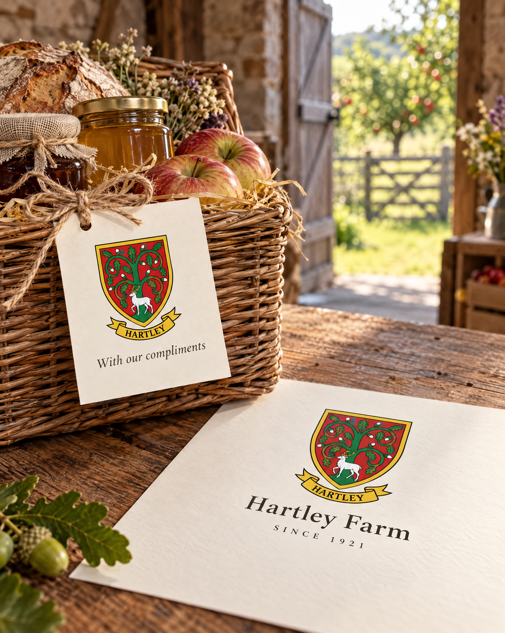 A Hartley Farm gift tag and letterhead with a red shield of an oak tree and a white stag, on a farm-shop table beside a hamper of apples, honey and bread.