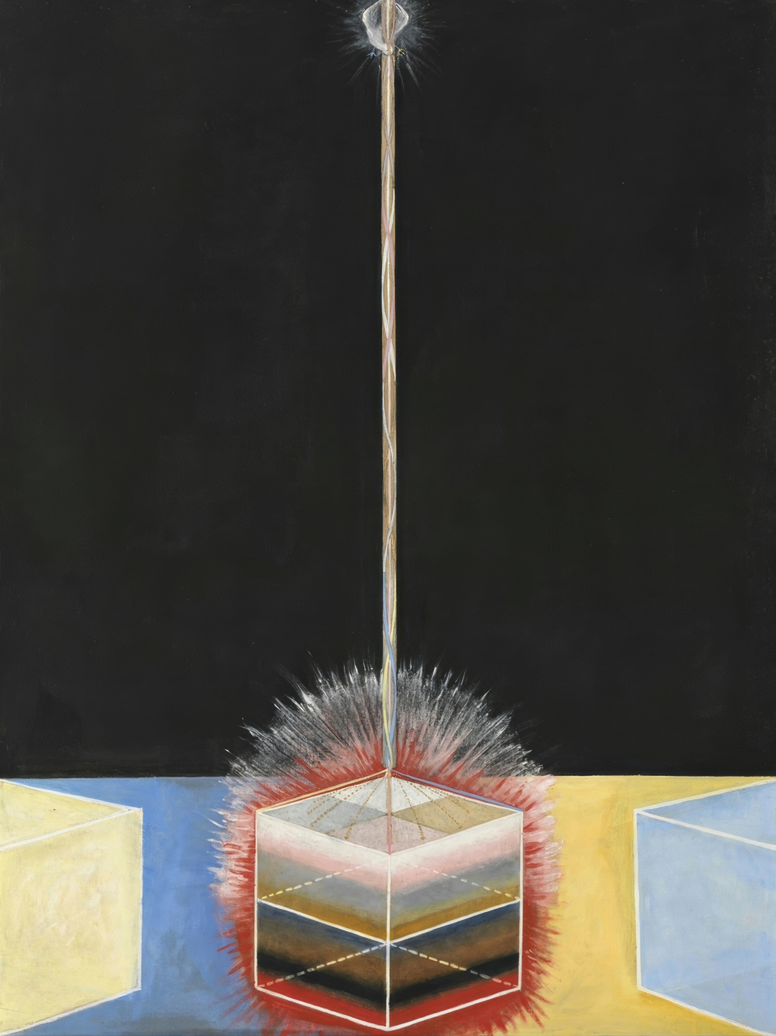 A tall black canvas with a thin ray of white light falling from a small star at the top onto a striped cube, flanked by pale blue and yellow blocks.