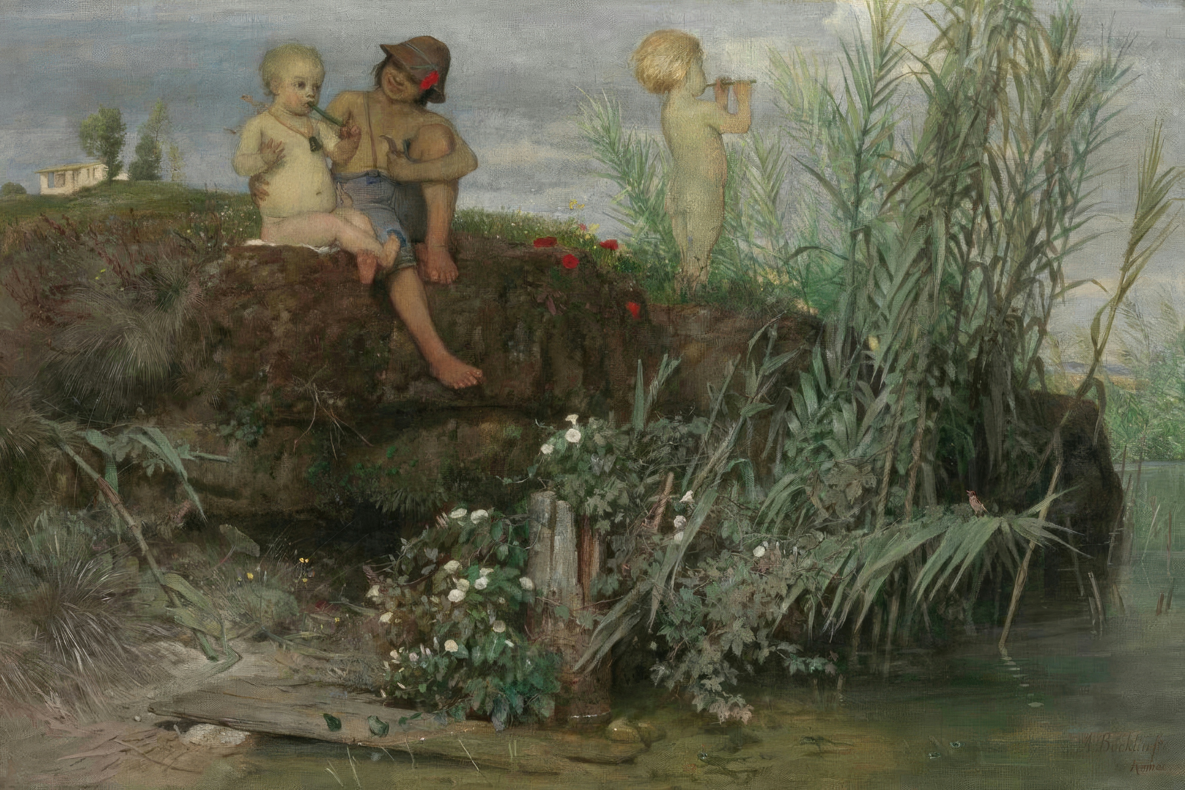 Three children by a quiet pond, two carving a wooden pipe and one playing a flute in the reeds.