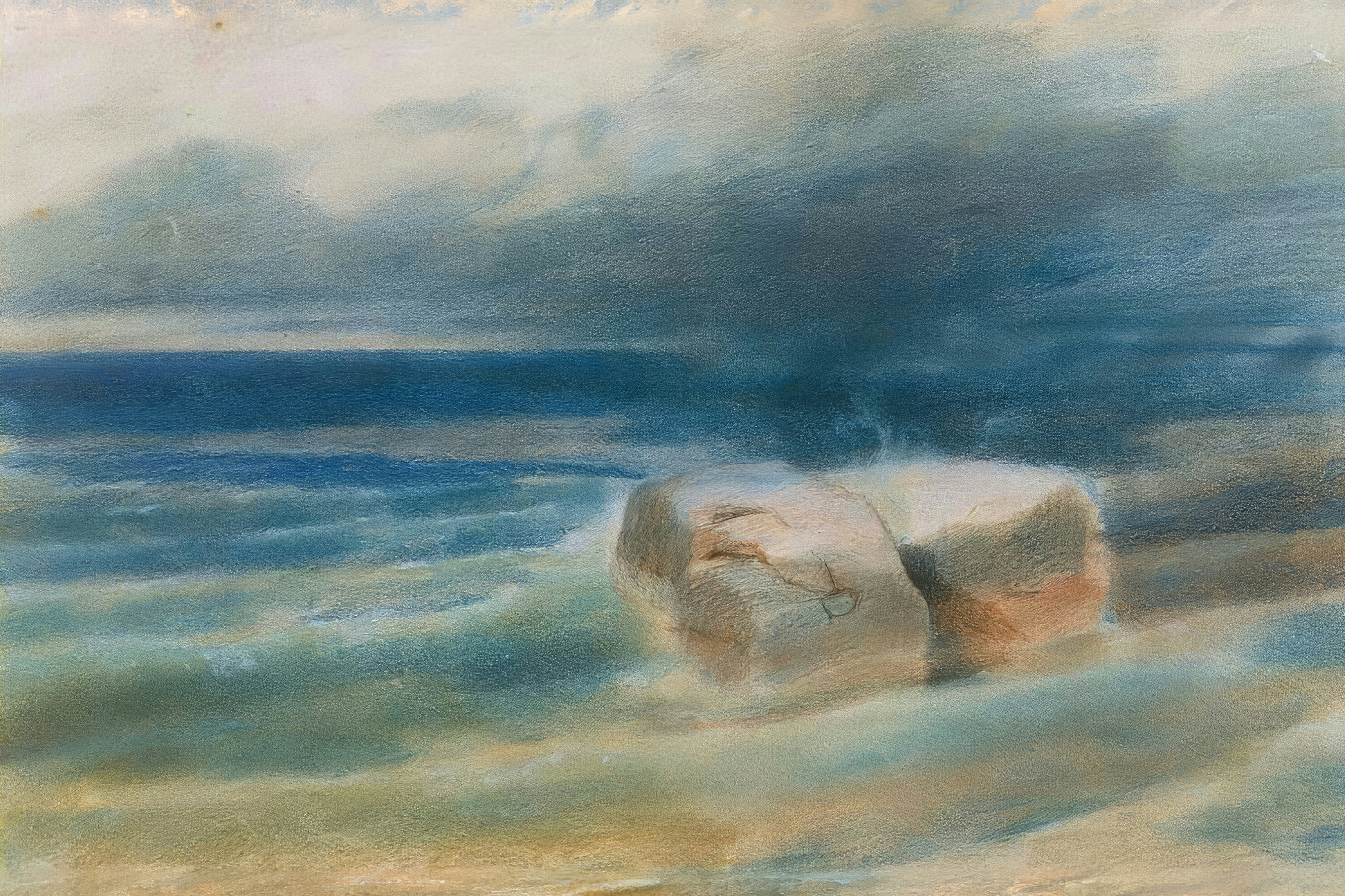 A wave breaks around two pale boulders under a dark stormy sky, in deep blues and sea greens.