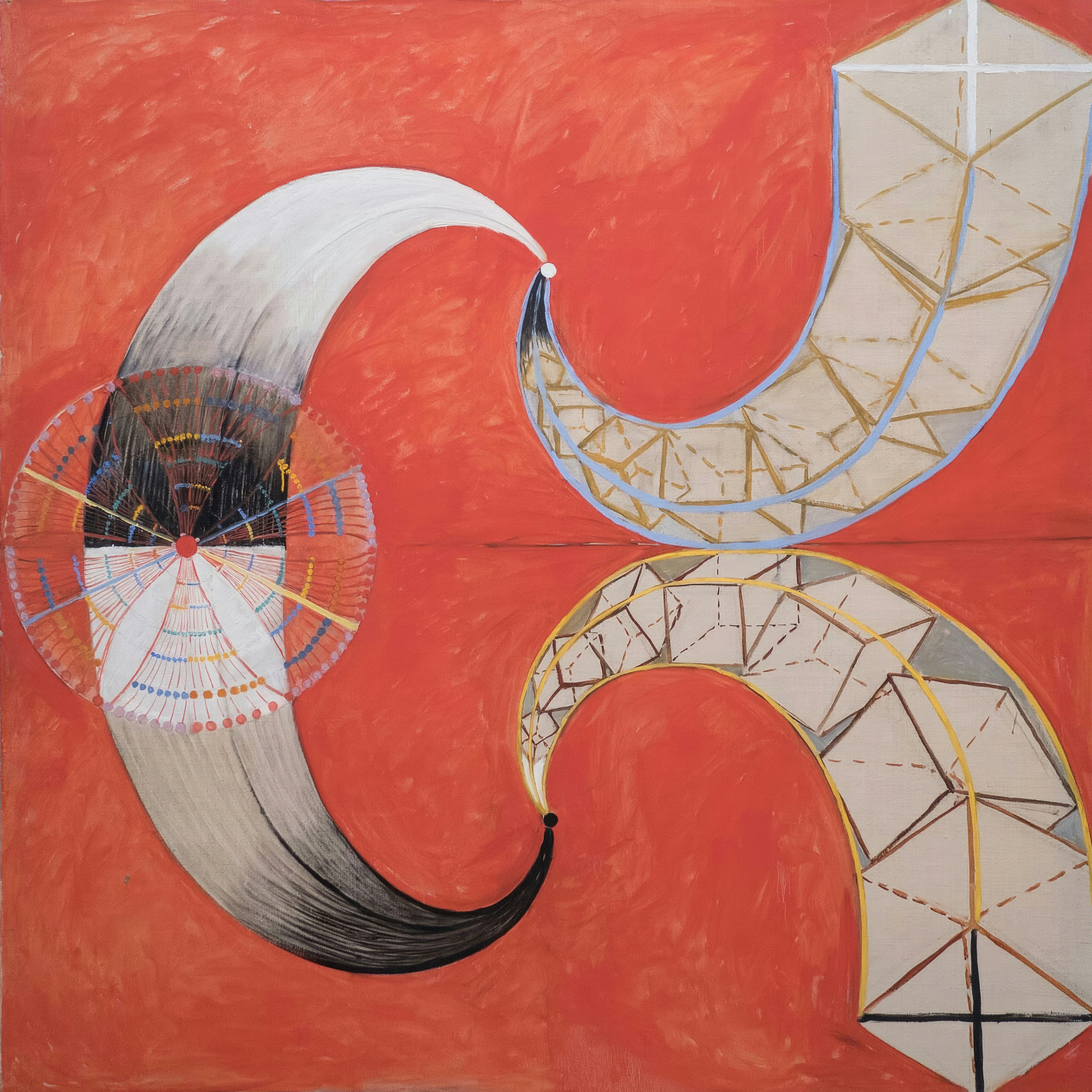 Crescents and a circle of colour float on a flat vermilion ground.