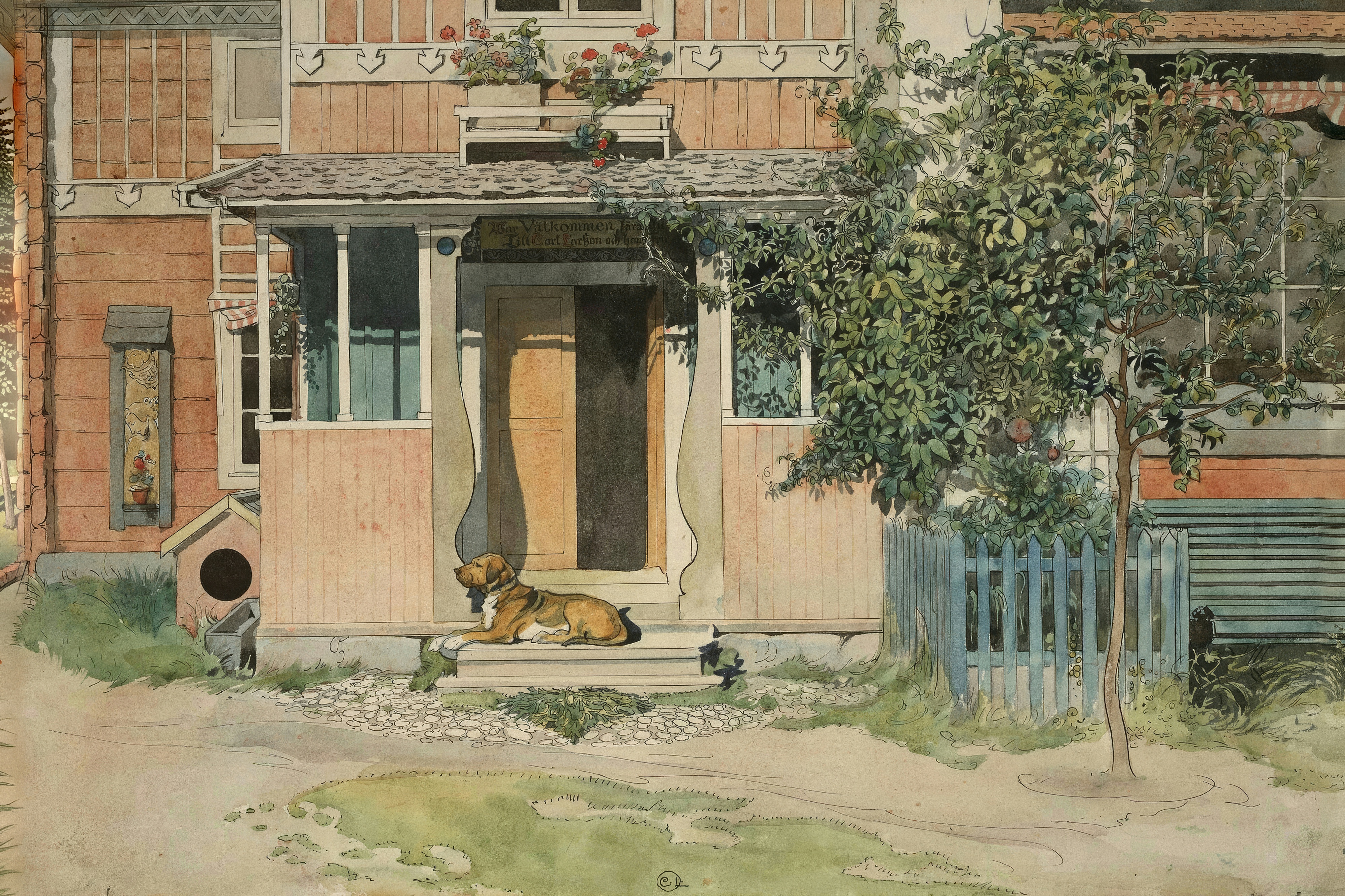 Sunlight and shadow fall across the veranda of a Swedish wooden house, with plants and a doorway.