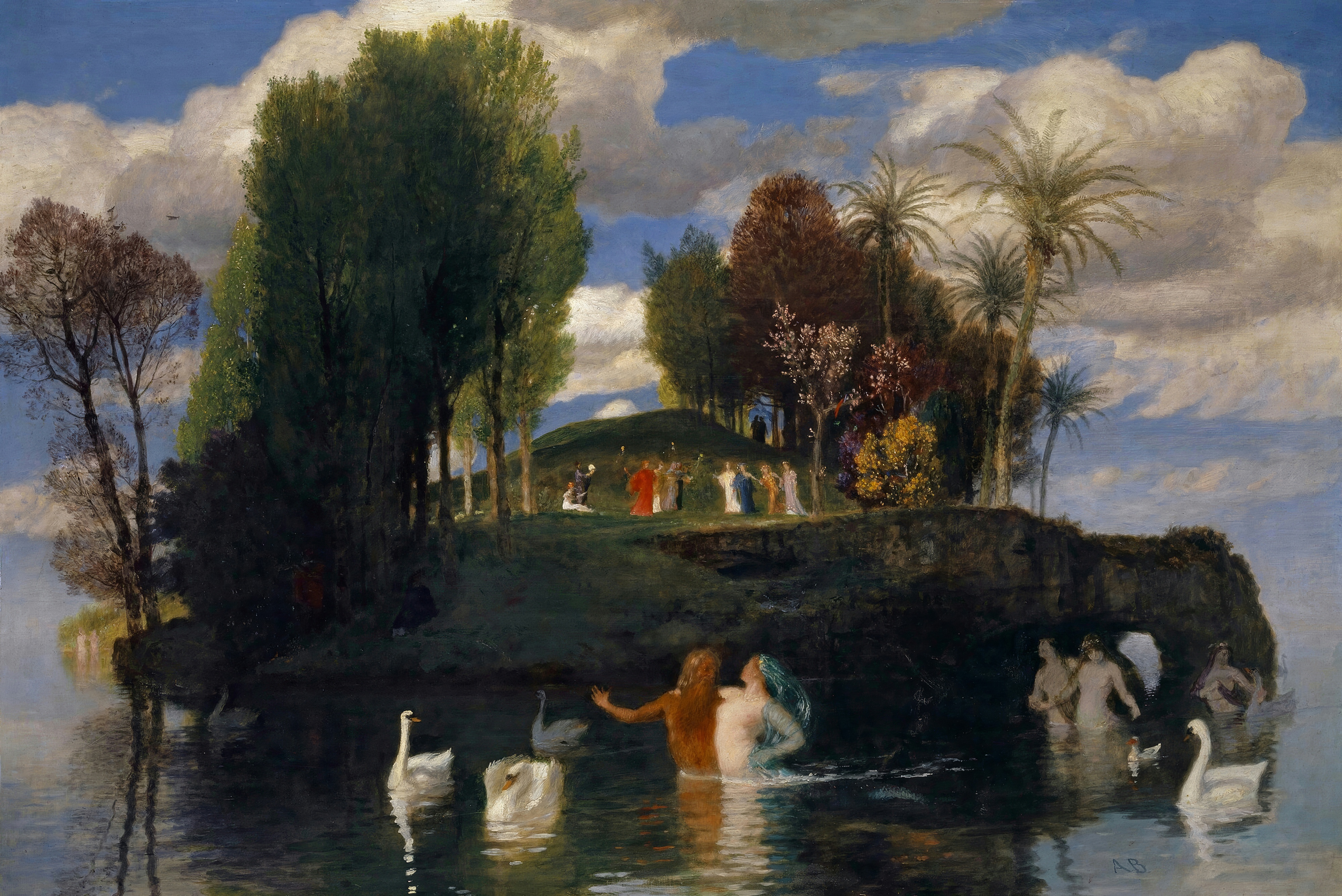 A small green island with figures dancing among flowers and swans, set in a calm blue lake.