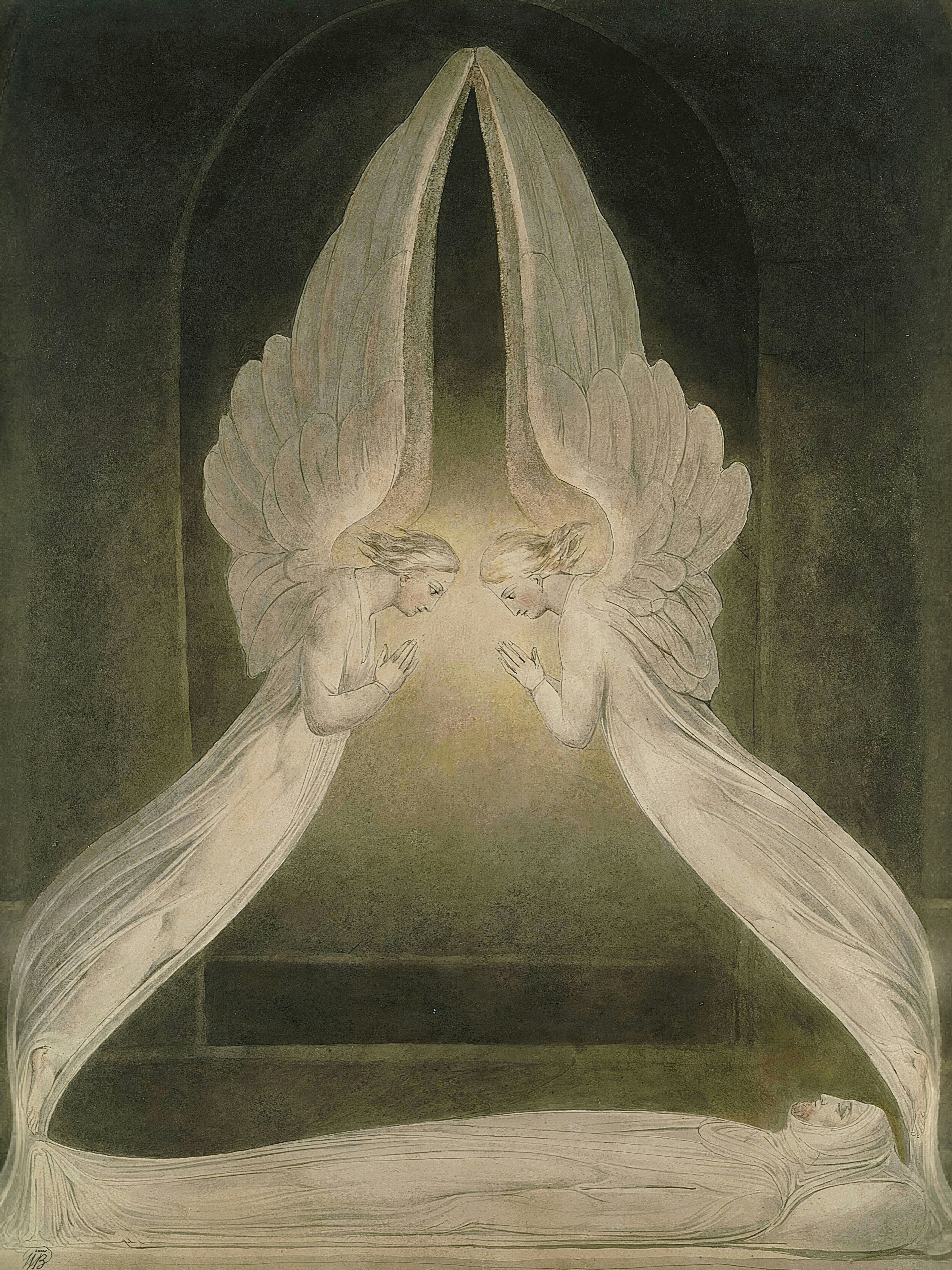 Two angels with arched wings kneel over the body of Christ lying in a dark tomb.