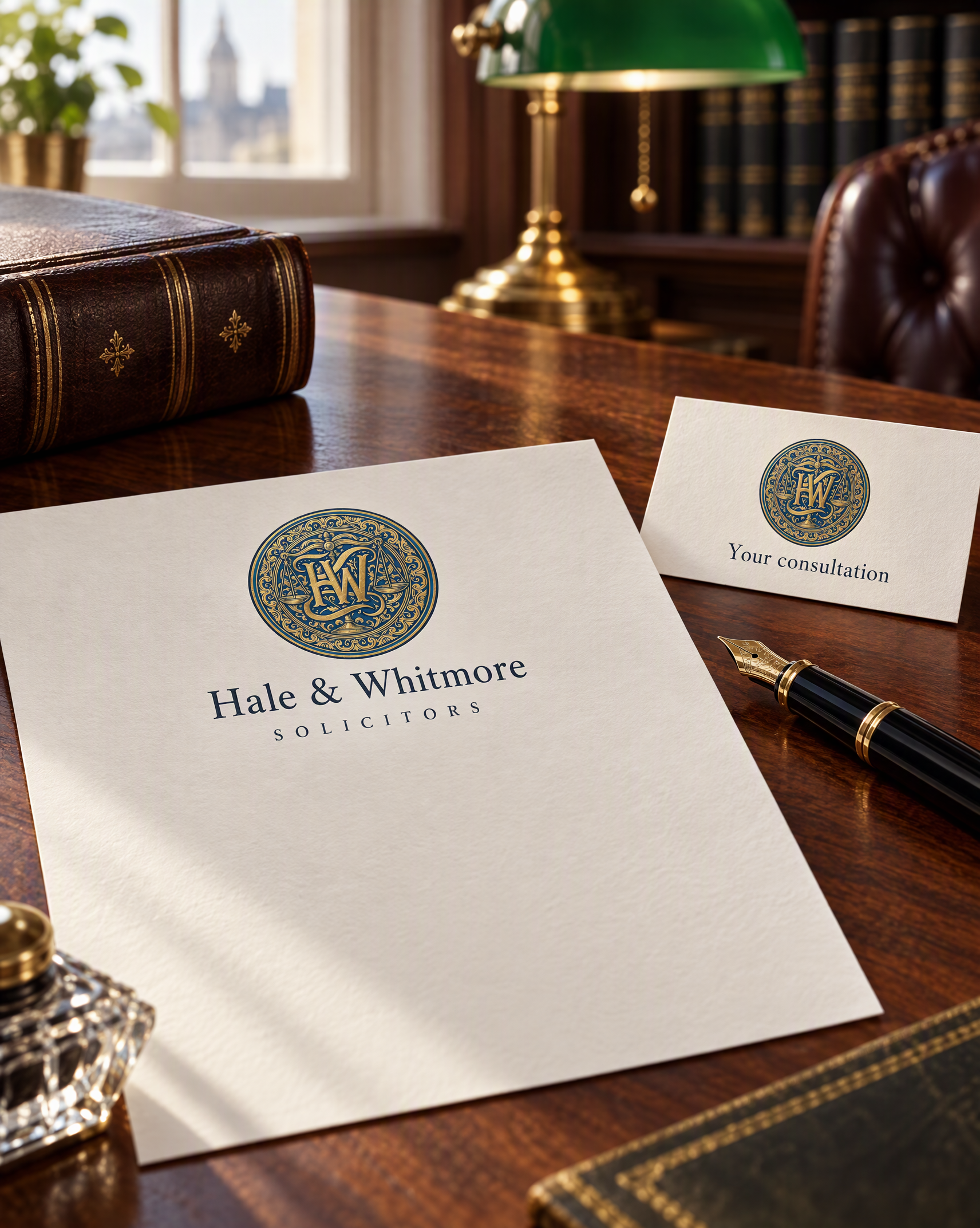 Hale & Whitmore letterhead and a tented appointment card reading Your consultation, on a walnut desk in afternoon light with an inkwell and fountain pen.
