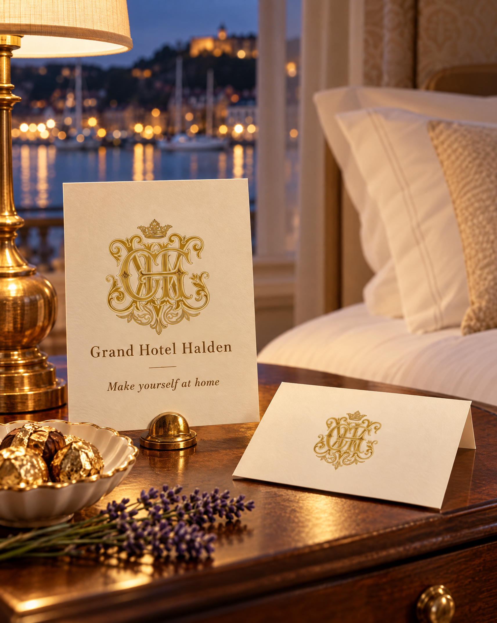 A Grand Hotel Halden welcome card reading Make yourself at home, with a crowned gold monogram, on a bedside table with harbour lights in the window.