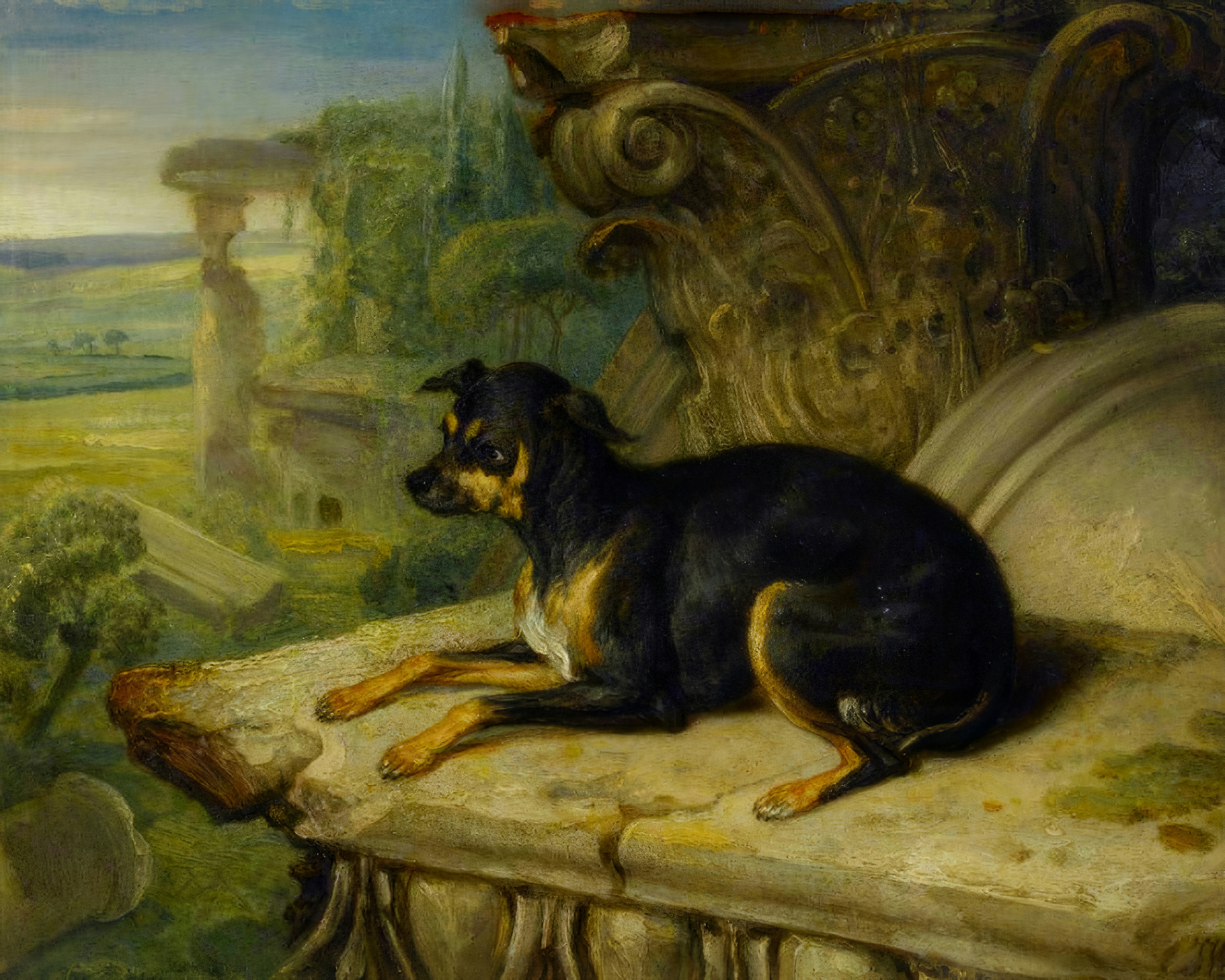 A small black and tan dog lies on a carved stone ledge above a wide landscape with ruins and trees.