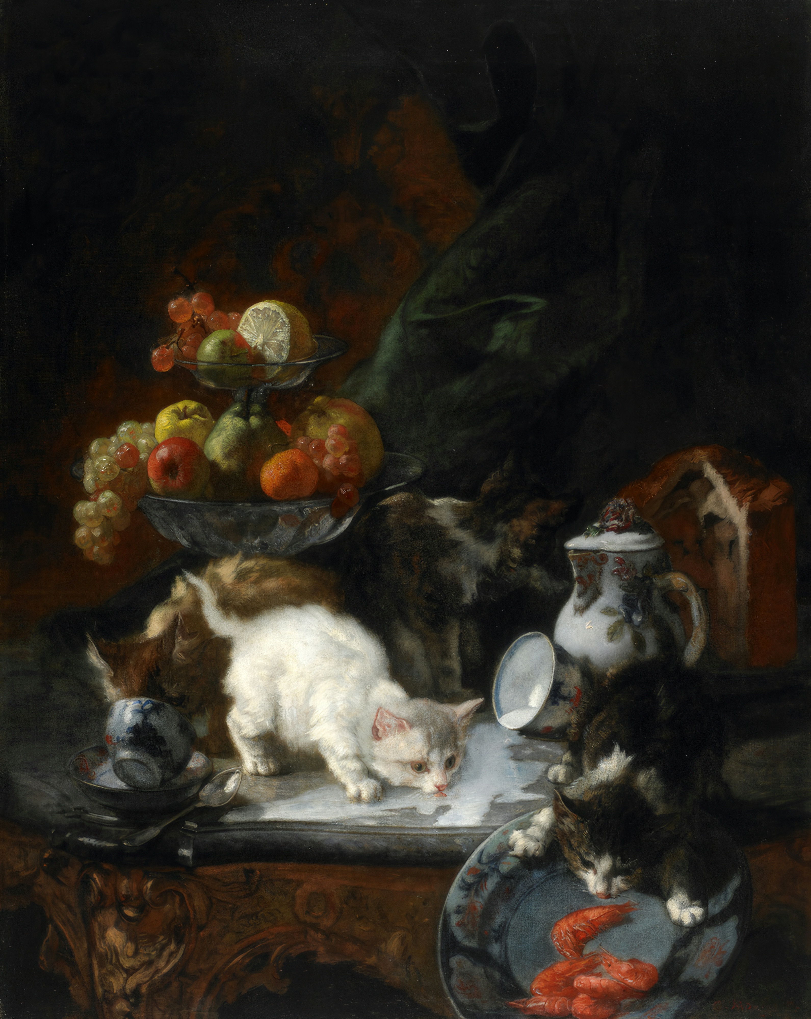 A white kitten laps spilled milk from an overturned cup on a console table beside fruit, crayfish and crystal.