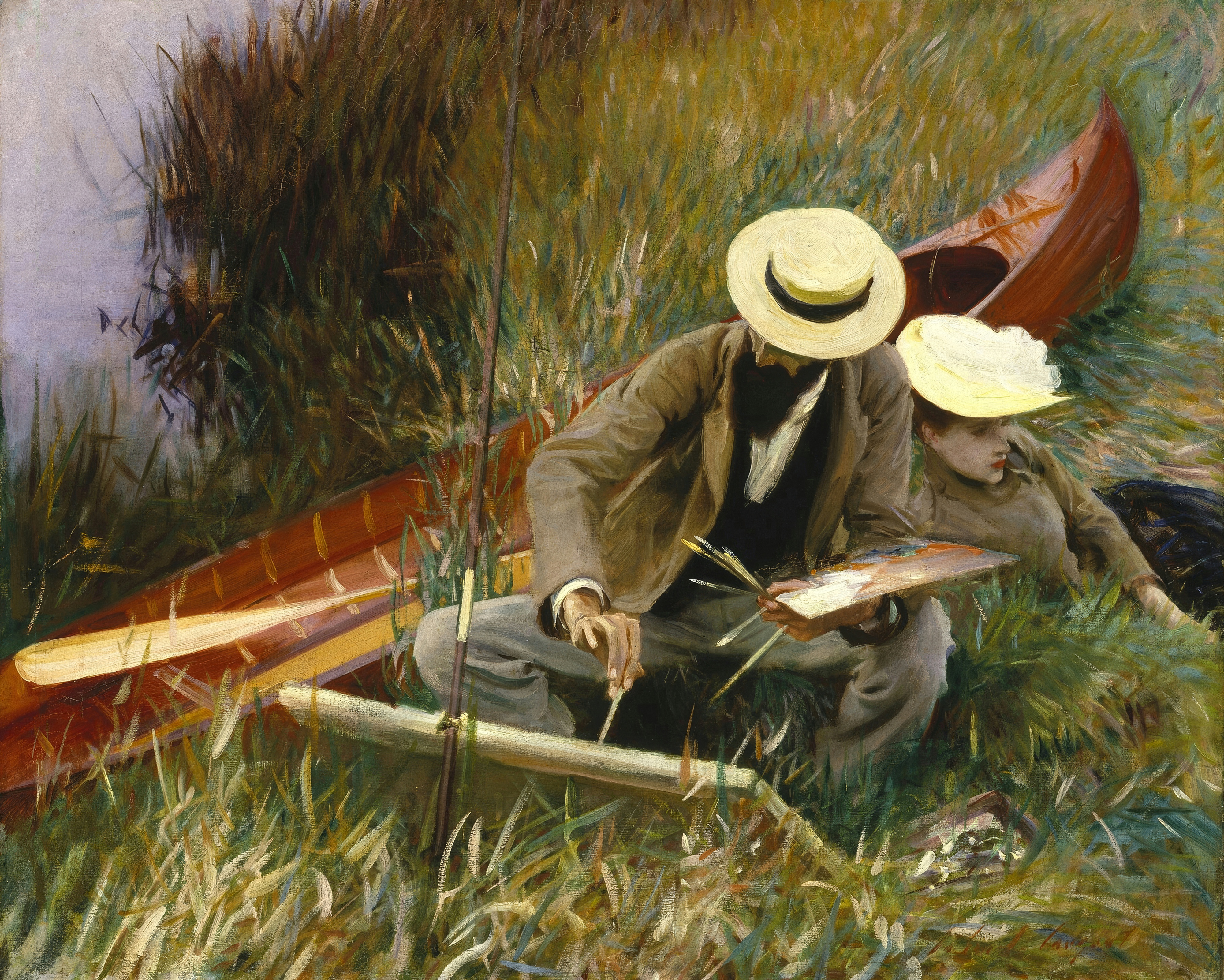 A man in a straw hat sketching in the long grass beside a red canoe while a woman in a white dress and straw hat lies beside him; painted by John Singer Sargent.