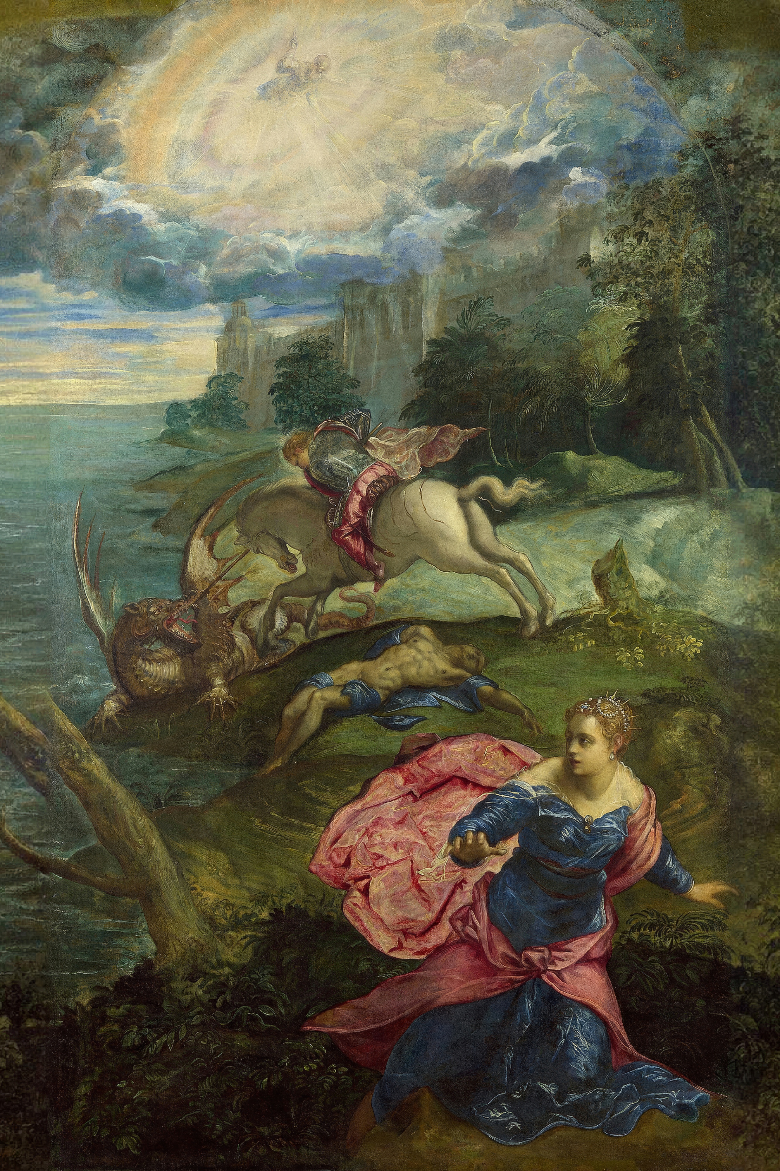 Princess in pink and blue flees toward the viewer while Saint George spears the dragon by the sea, God in light above.