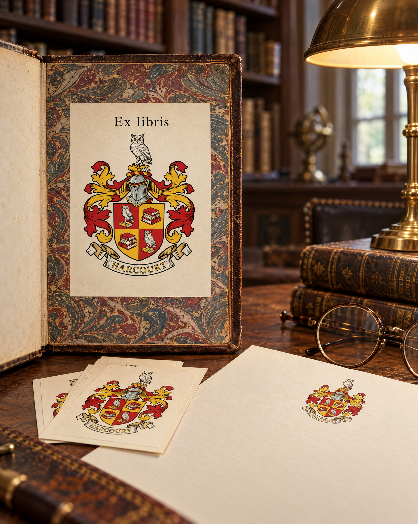 An Ex libris bookplate with the Harcourt coat of arms of owls and books pasted inside an old marbled book cover, with loose bookplates and letterhead in a library.