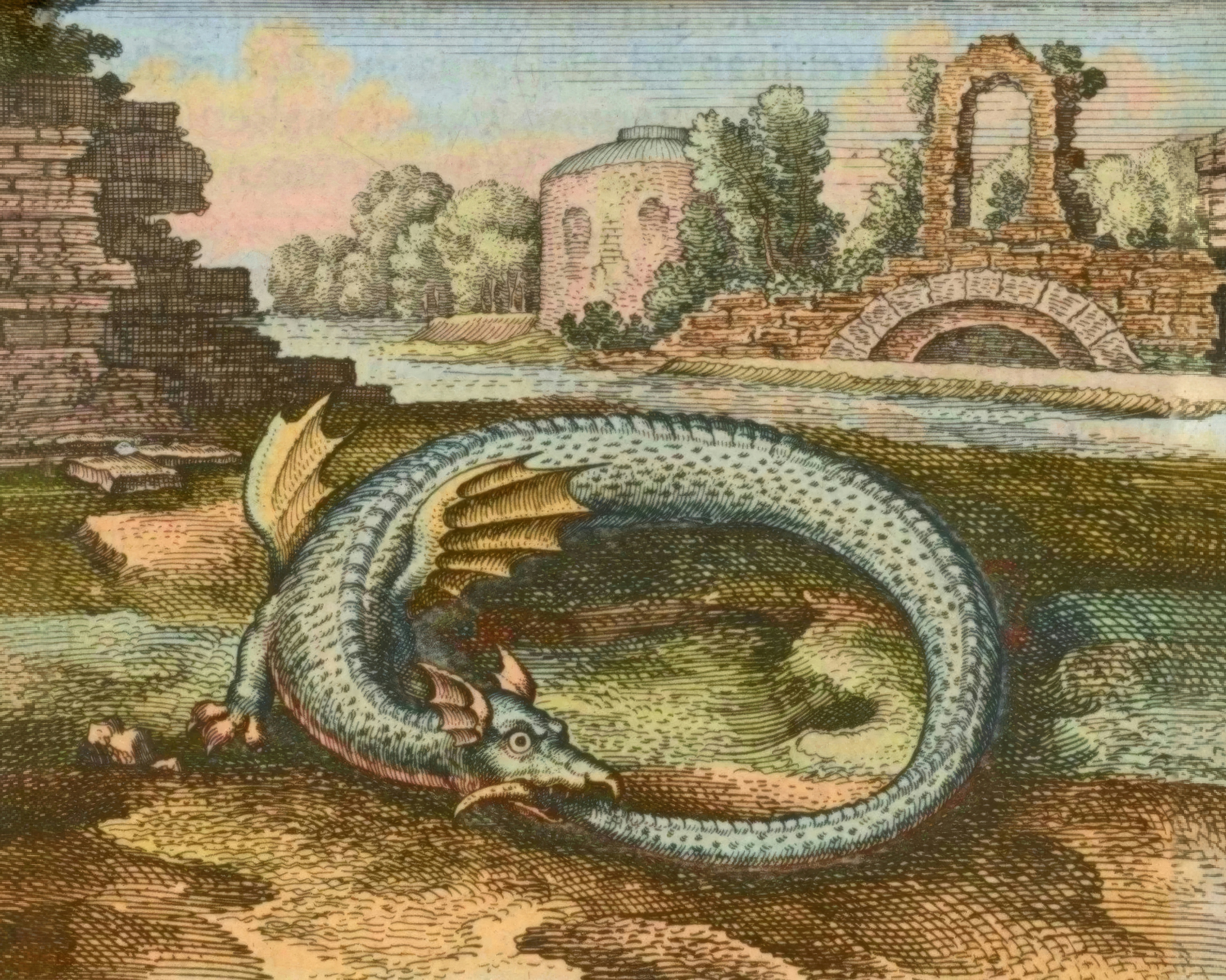 Emblem from Atalanta Fugiens: a winged dragon curled in a circle, biting its own tail, in a landscape.