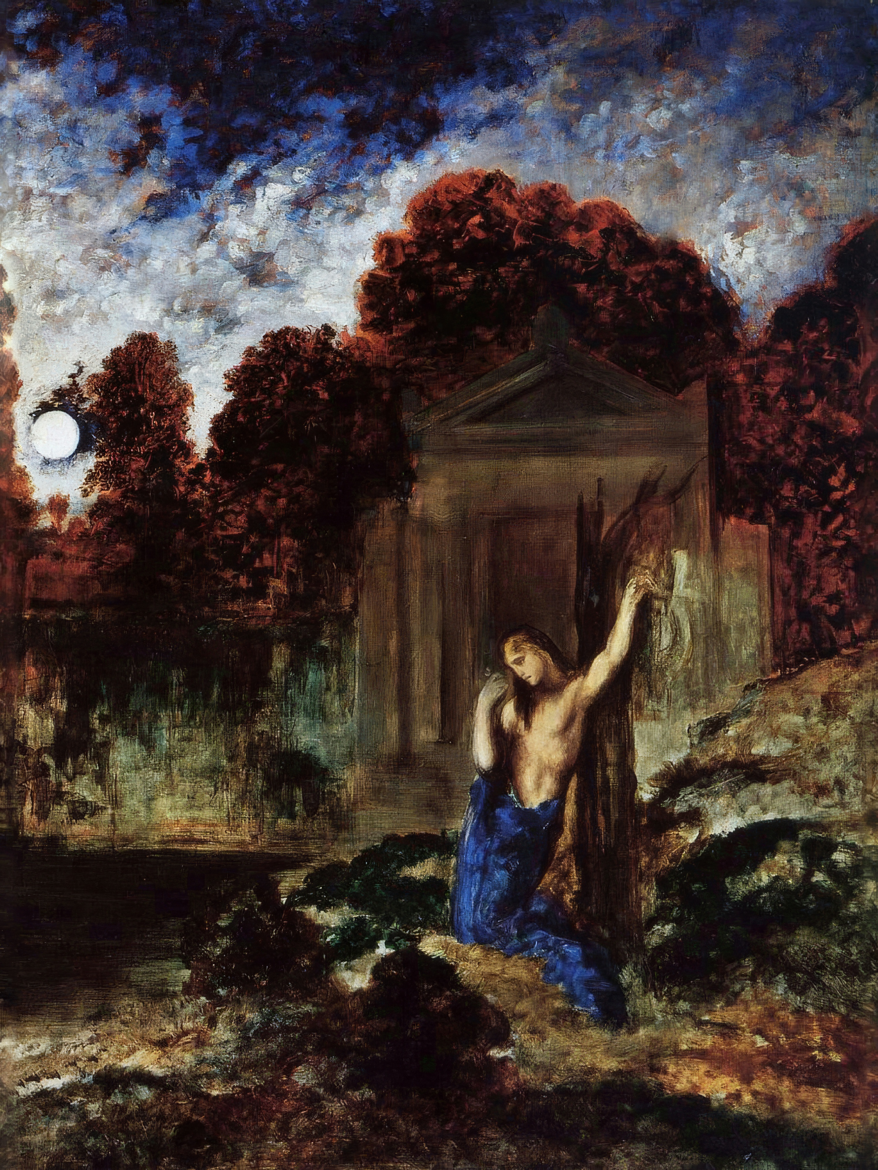Orpheus grieves at Eurydice’s tomb under a moonlit sky, among dark red trees.