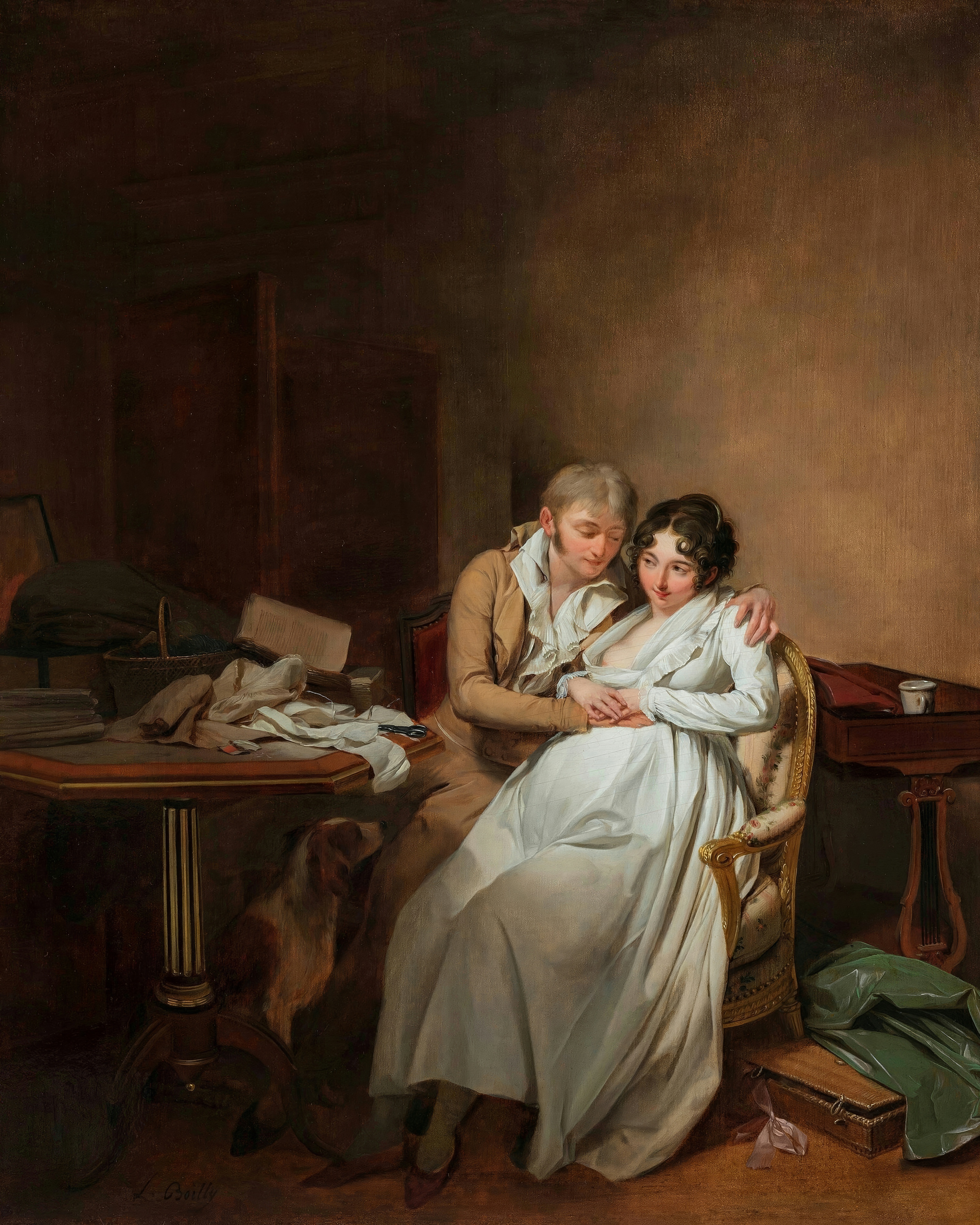 A young man with his arm round his wife, who sits in a white muslin dress in an armchair, in a warm interior with a table and a small dog; painted by Louis-Léopold Boilly.