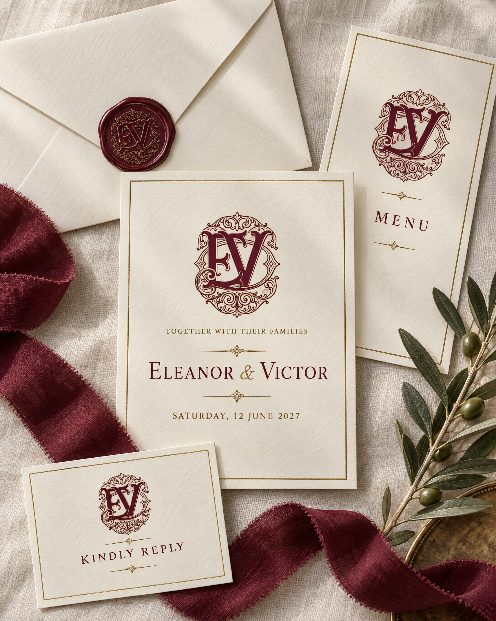A wedding invitation suite for Eleanor & Victor with an oxblood E and V monogram on the invitation, reply card, menu and wax seal, with ribbon and olive.