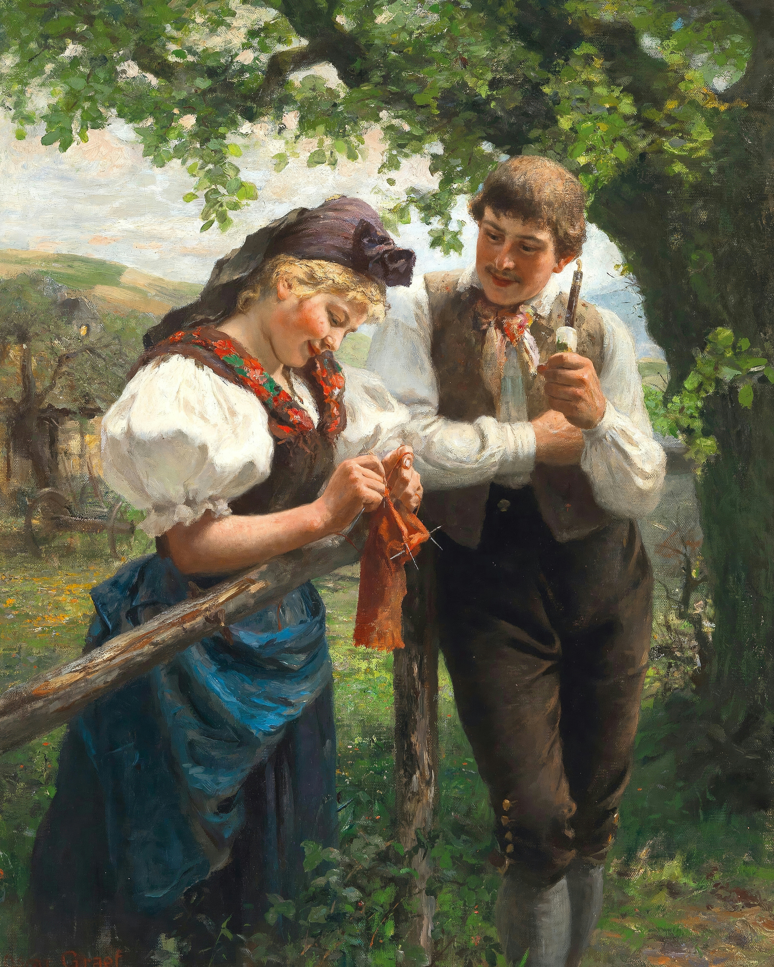 A young woman in a blue skirt and white blouse knitting by a wooden fence while a young man with a pipe stands beside her under a tree, green hills beyond; painted by Oscar Graef.