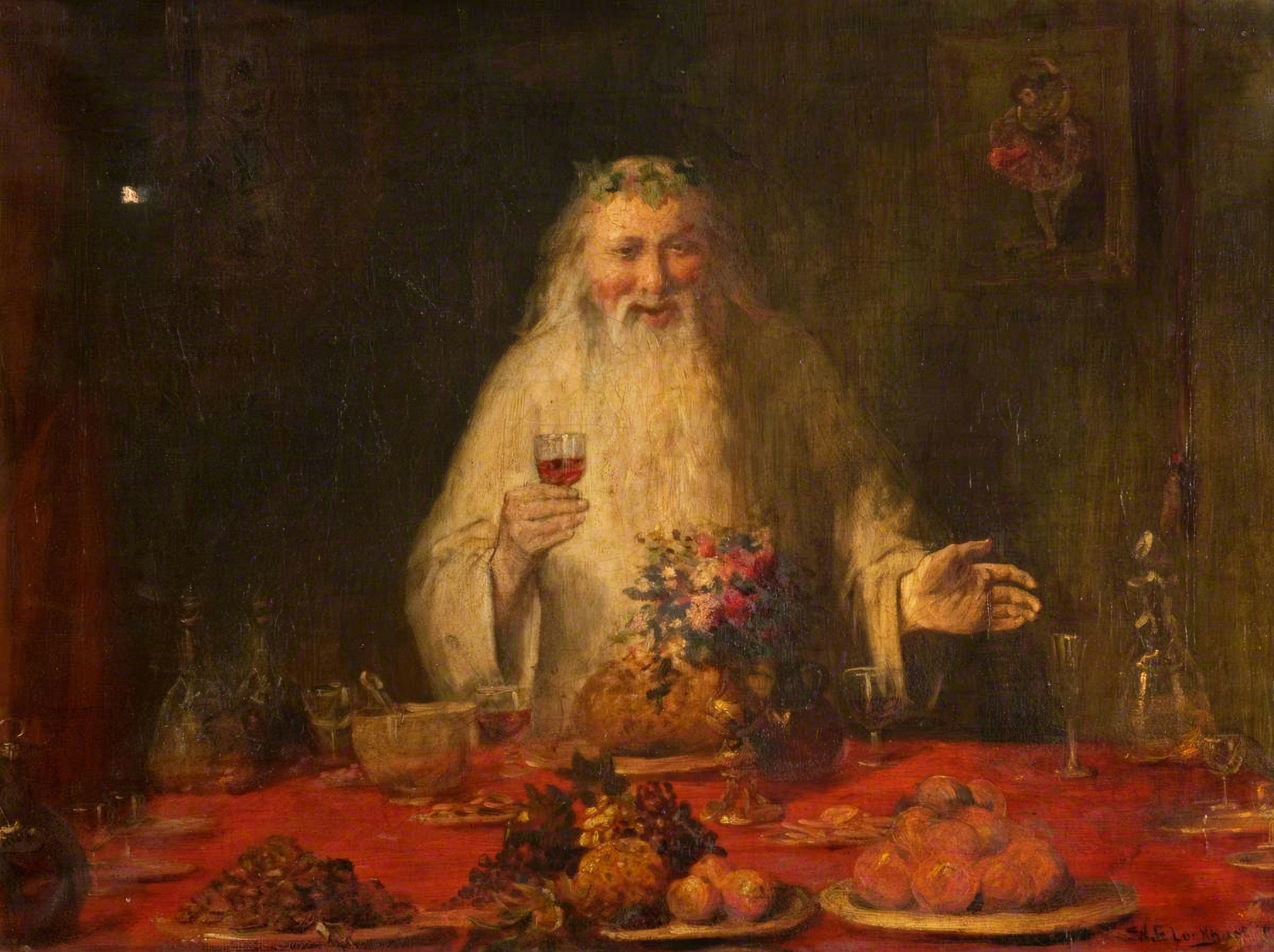 A white-bearded man crowned with greenery raises a small glass of wine behind a table.