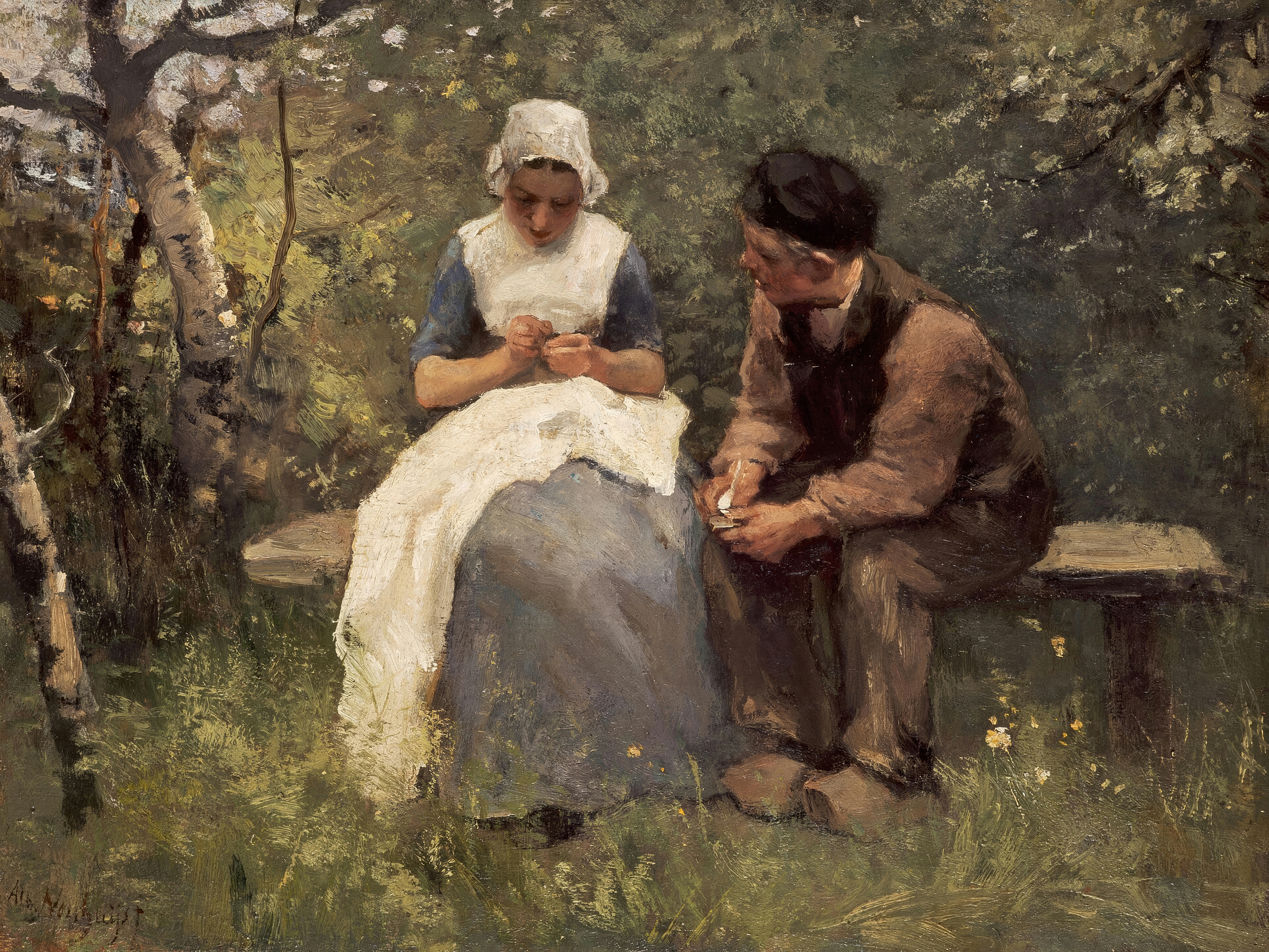 A young Dutch woman in a white cap and apron sewing on a wooden bench in a birch wood while a young man in a brown jacket sits beside her talking; painted by Albert Neuhuys.