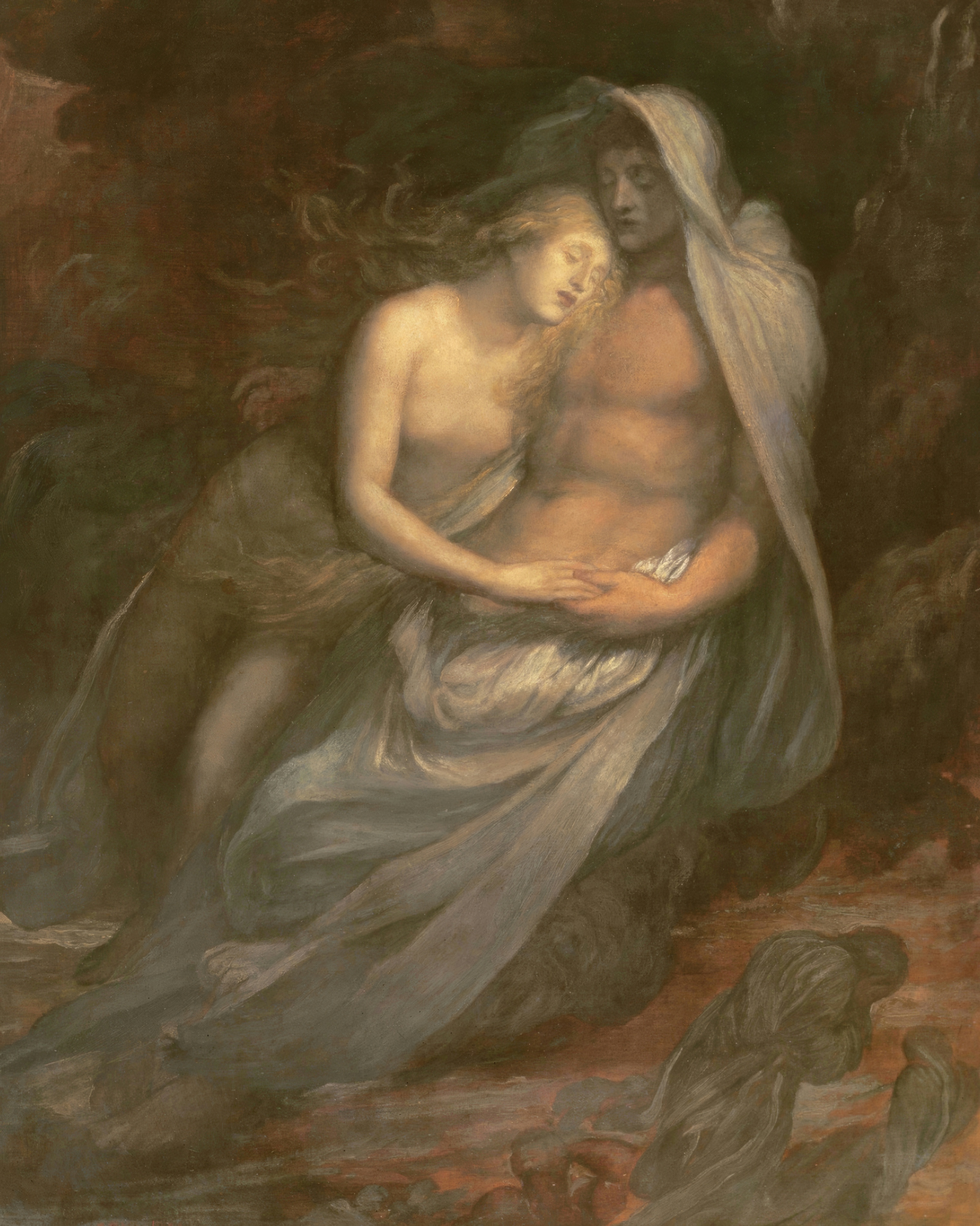 Paolo and Francesca, pale and wrapped together in a grey drapery, drifting through a dark brown void, her eyes closed and his arms around her; painted by George Frederic Watts.
