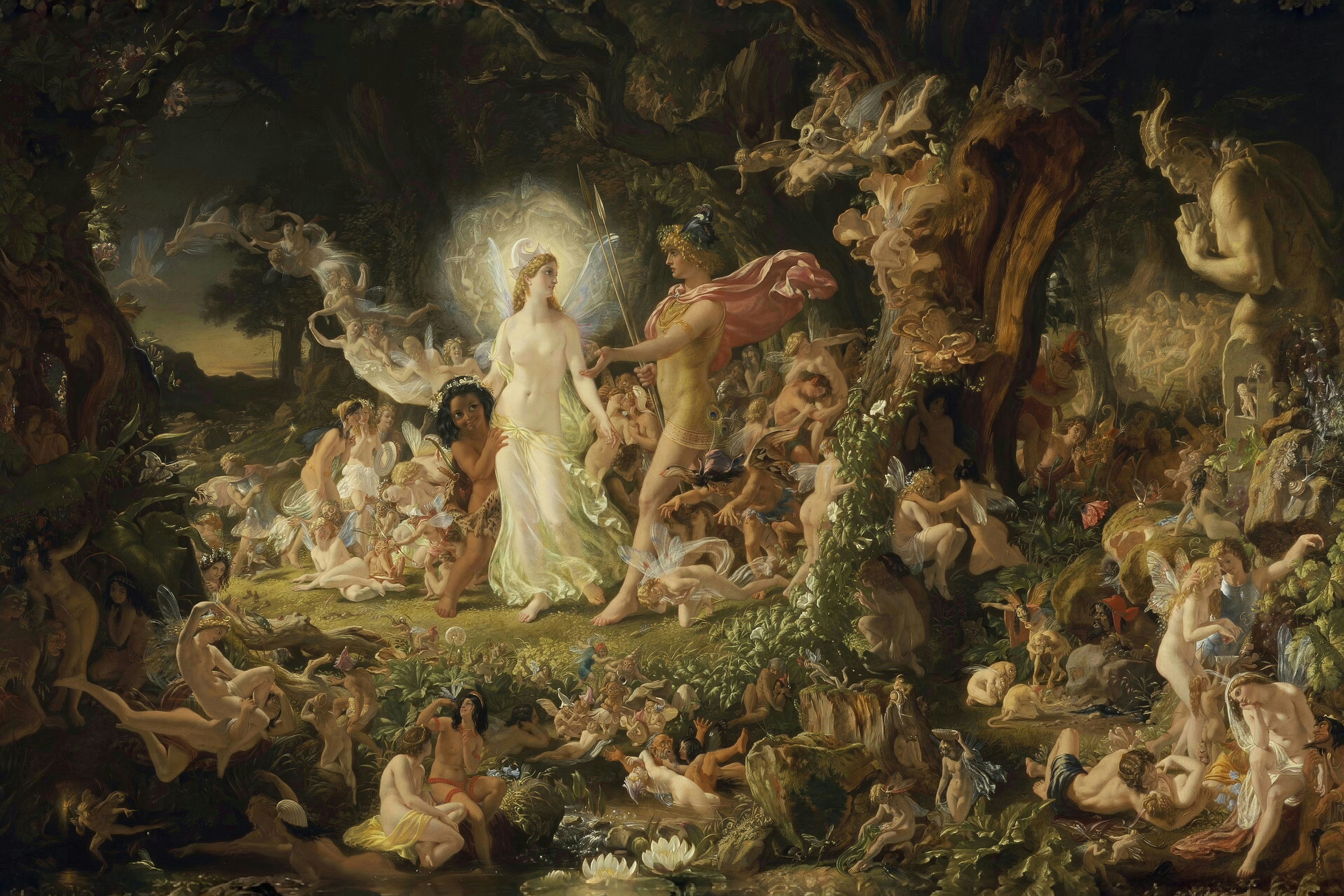 In a moonlit forest, a fairy king and queen quarrel amid a swirling court of tiny creatures.