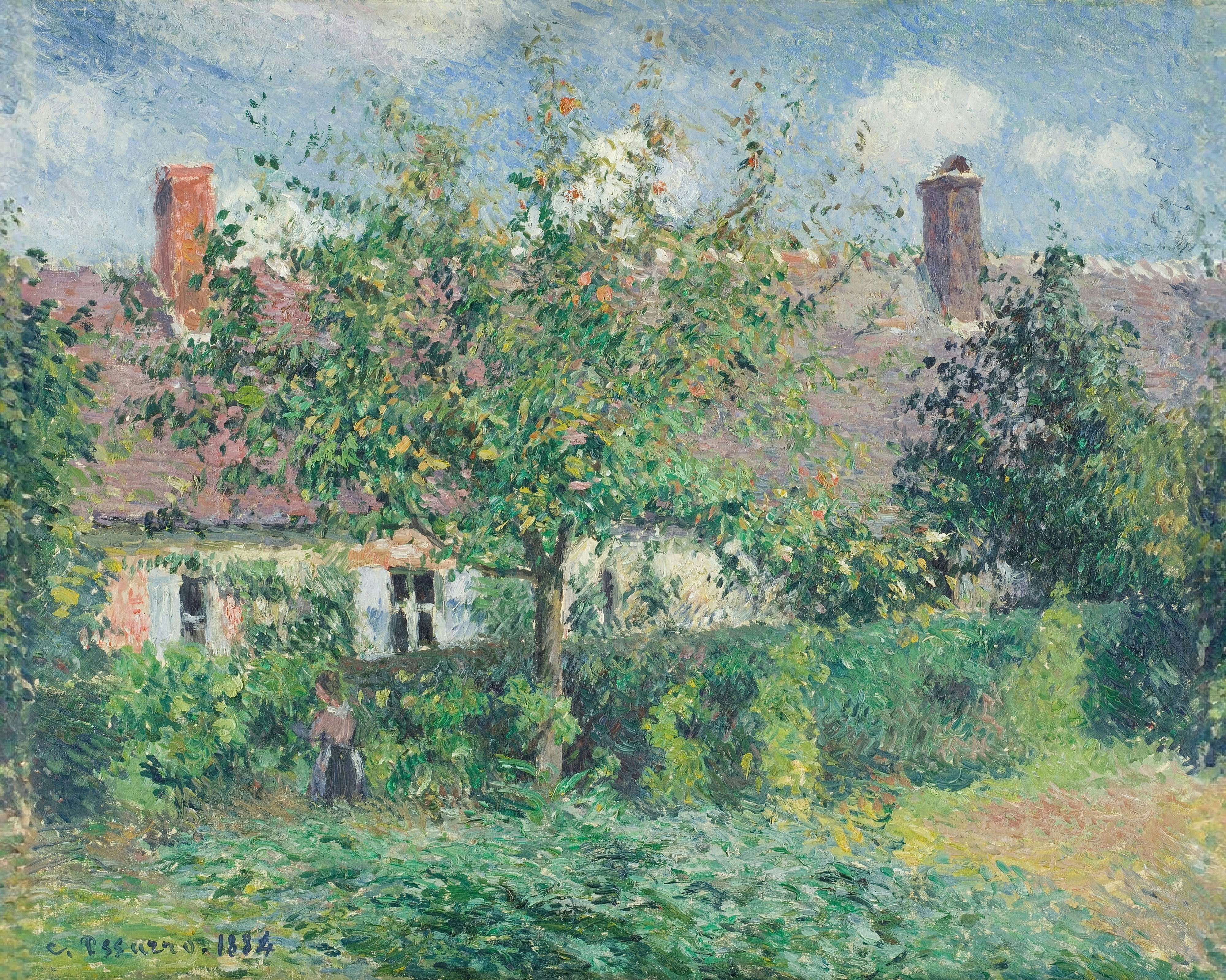 A rustic farmhouse behind trees and a garden in soft, flickering Impressionist brushstrokes.