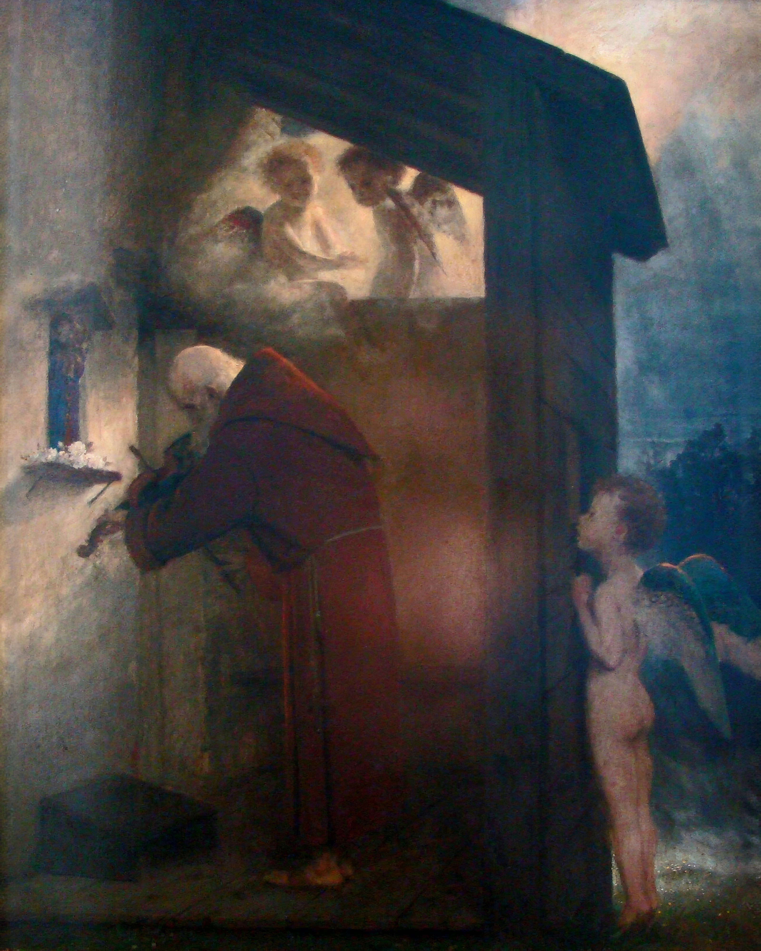A robed hermit plays the violin before a small shrine, watched by angels in soft light.