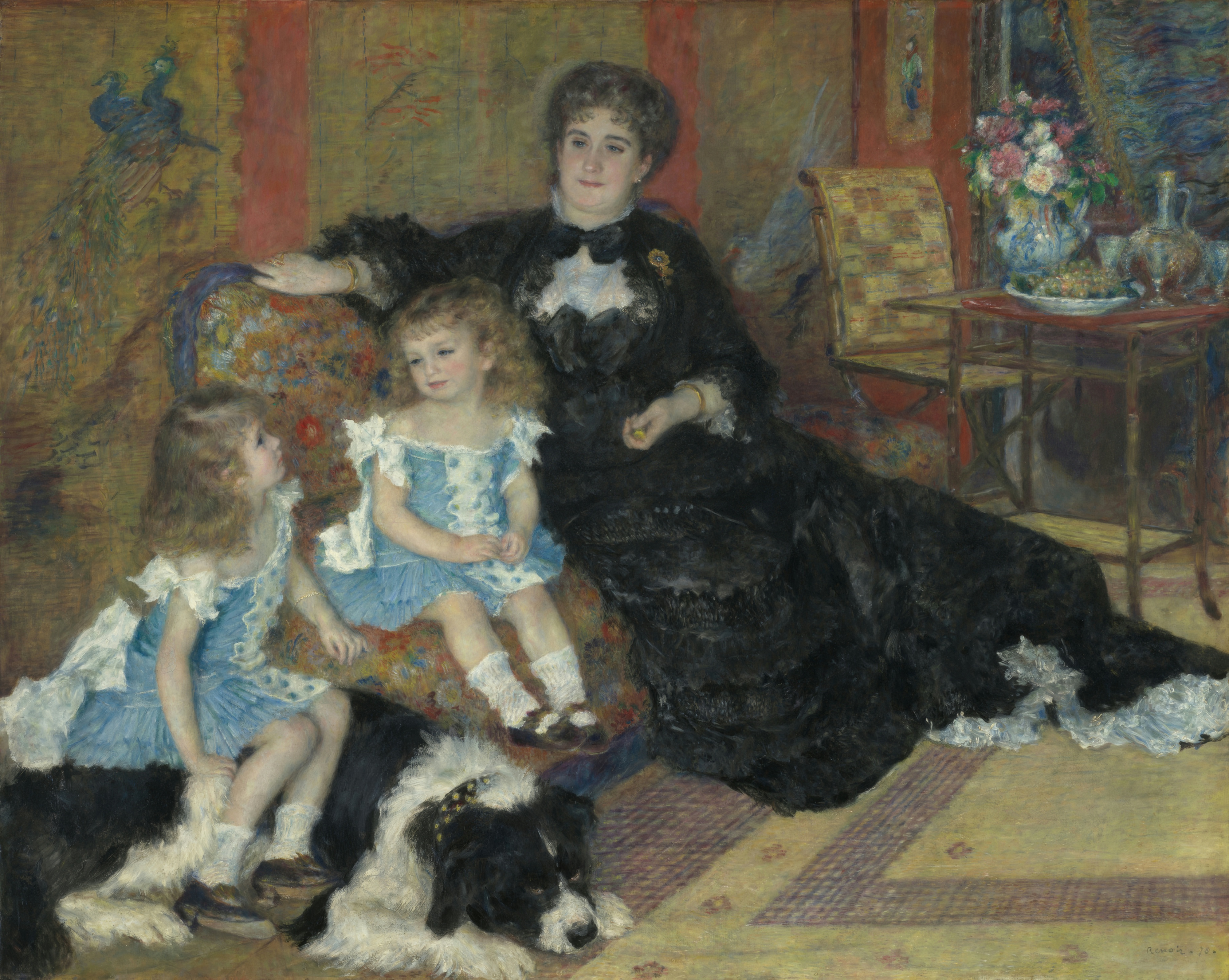 Madame Charpentier in a black gown sits in a Parisian drawing room with her two children in blue, one seated on a large black and white dog.