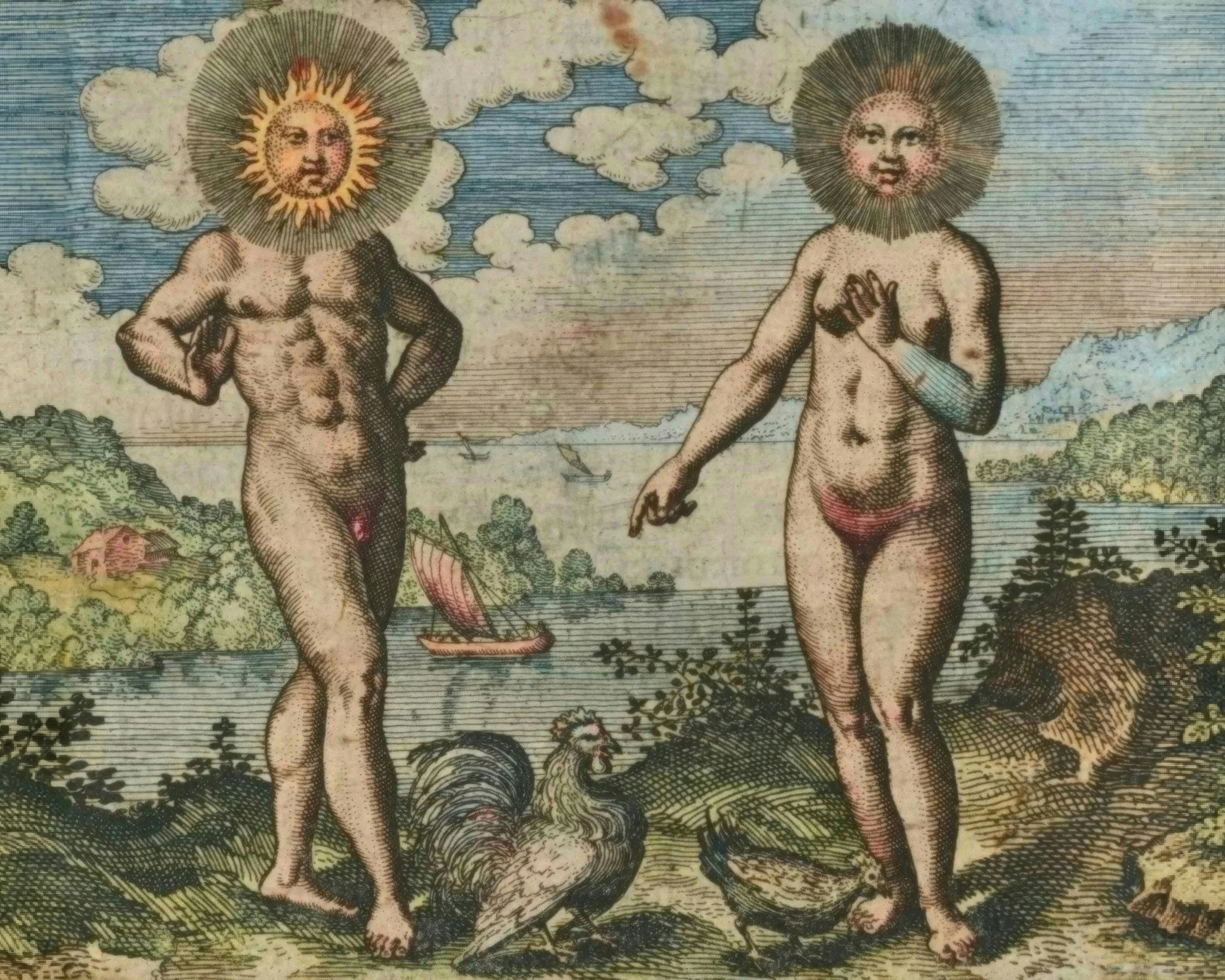 An engraved emblem of a man and a woman as the sun and the moon in a symbolic landscape.