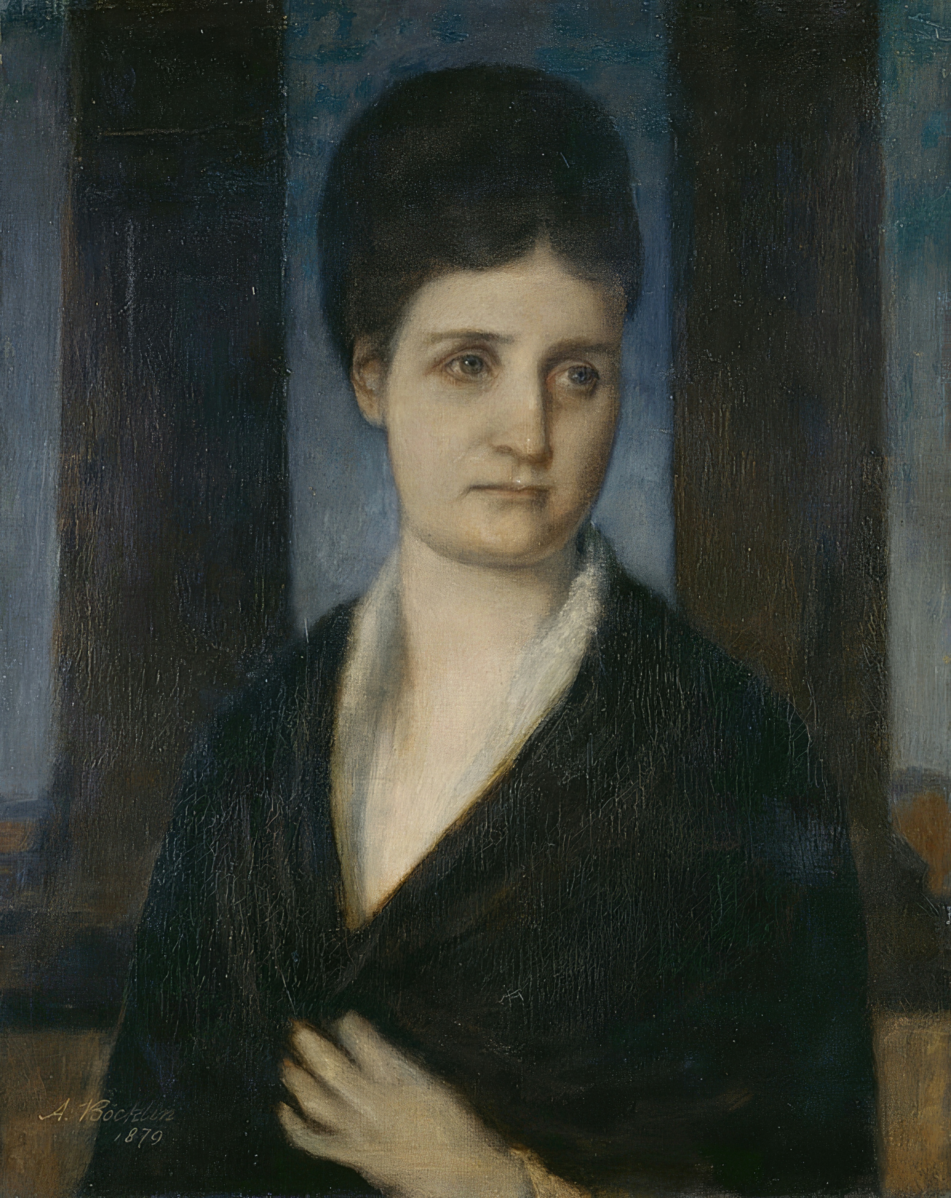 A woman with a thoughtful face stands between dark pillars against a deep twilight blue sky.