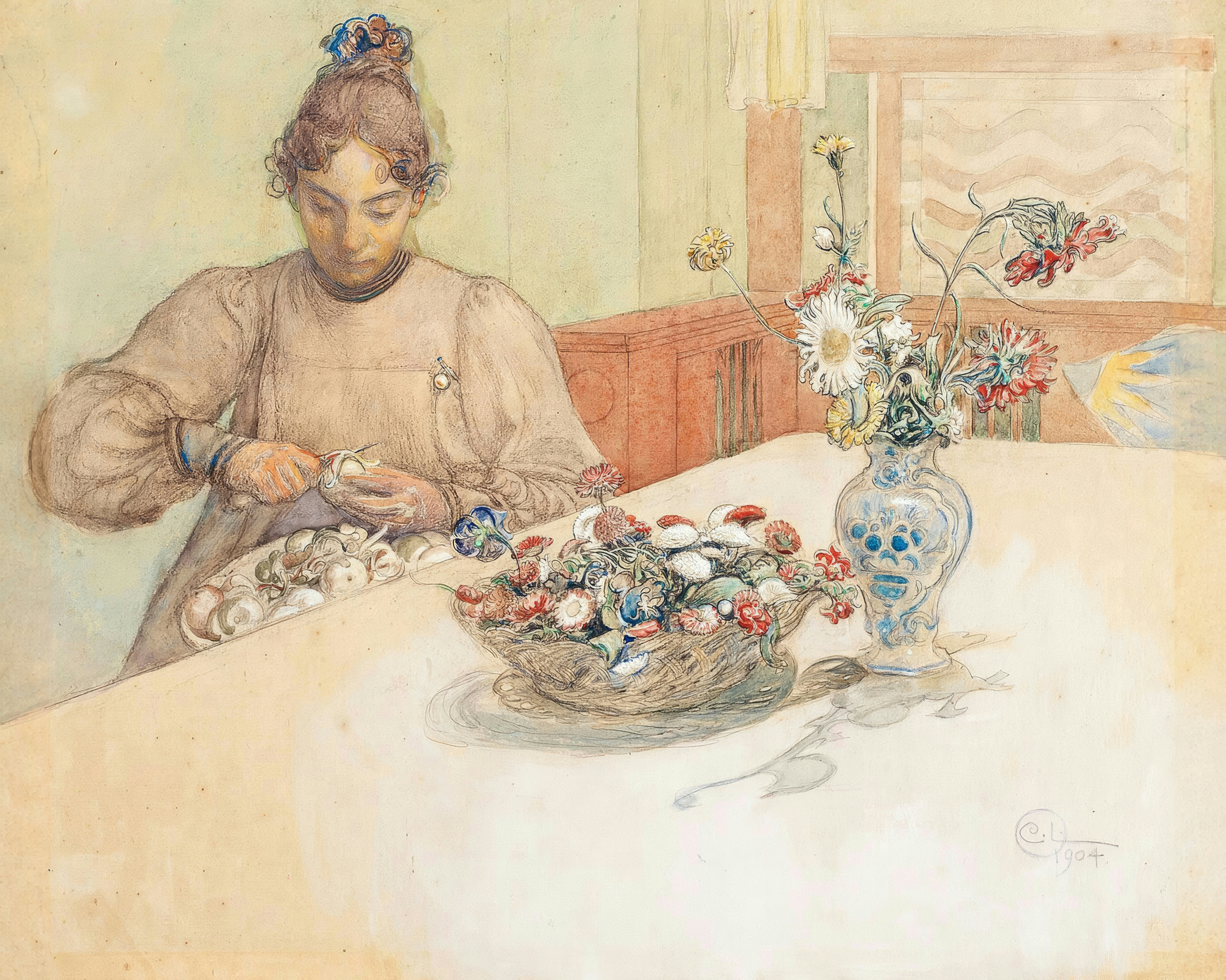 A woman with a blue ribbon in her hair peels apples at a white table beside a basket of daisies.