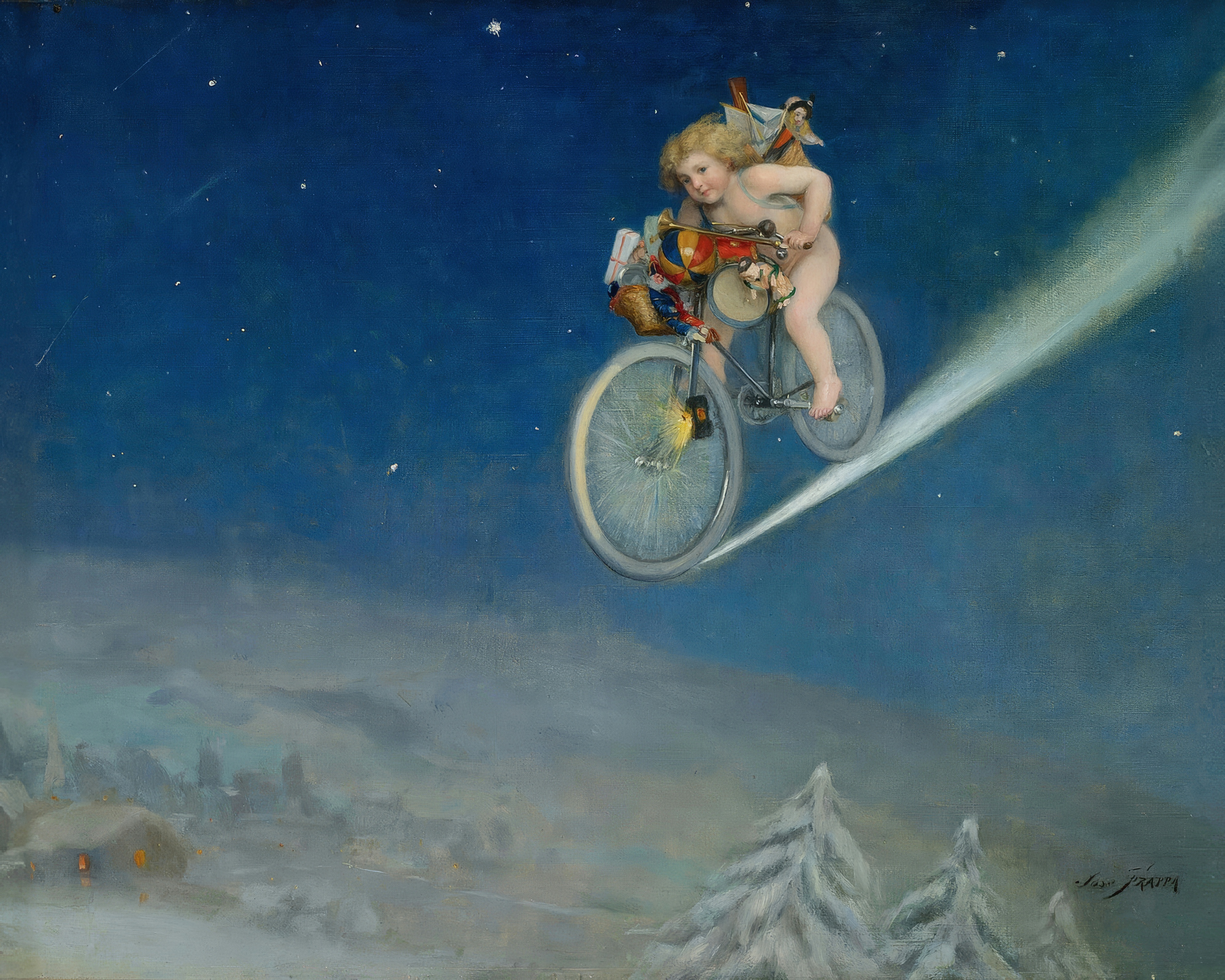 A winged child rides a bicycle through a starry night sky over a snowy landscape, laden with toys.