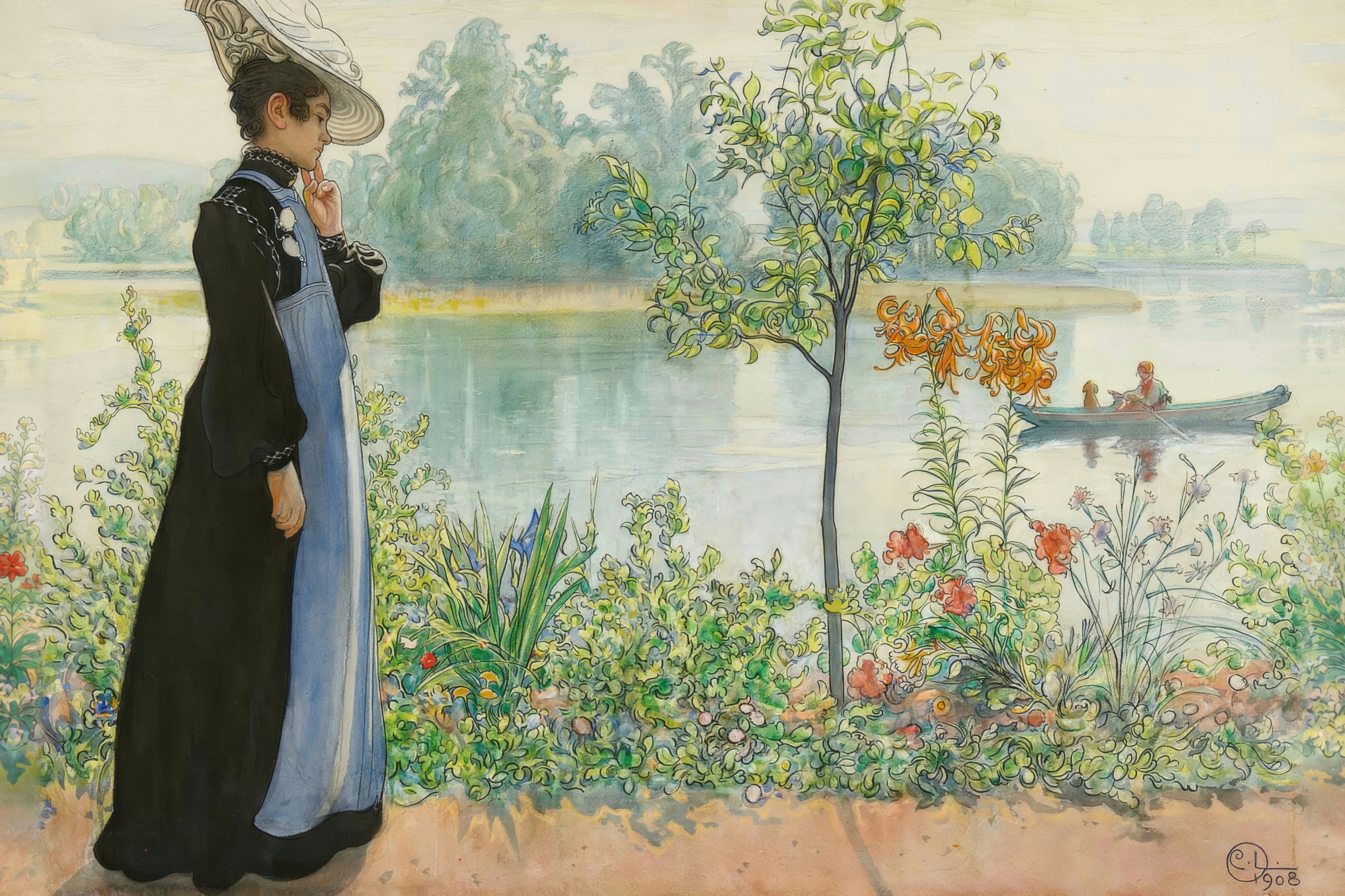 A woman in a blue apron and white hat stands by a calm lake, with orange lilies in the foreground.