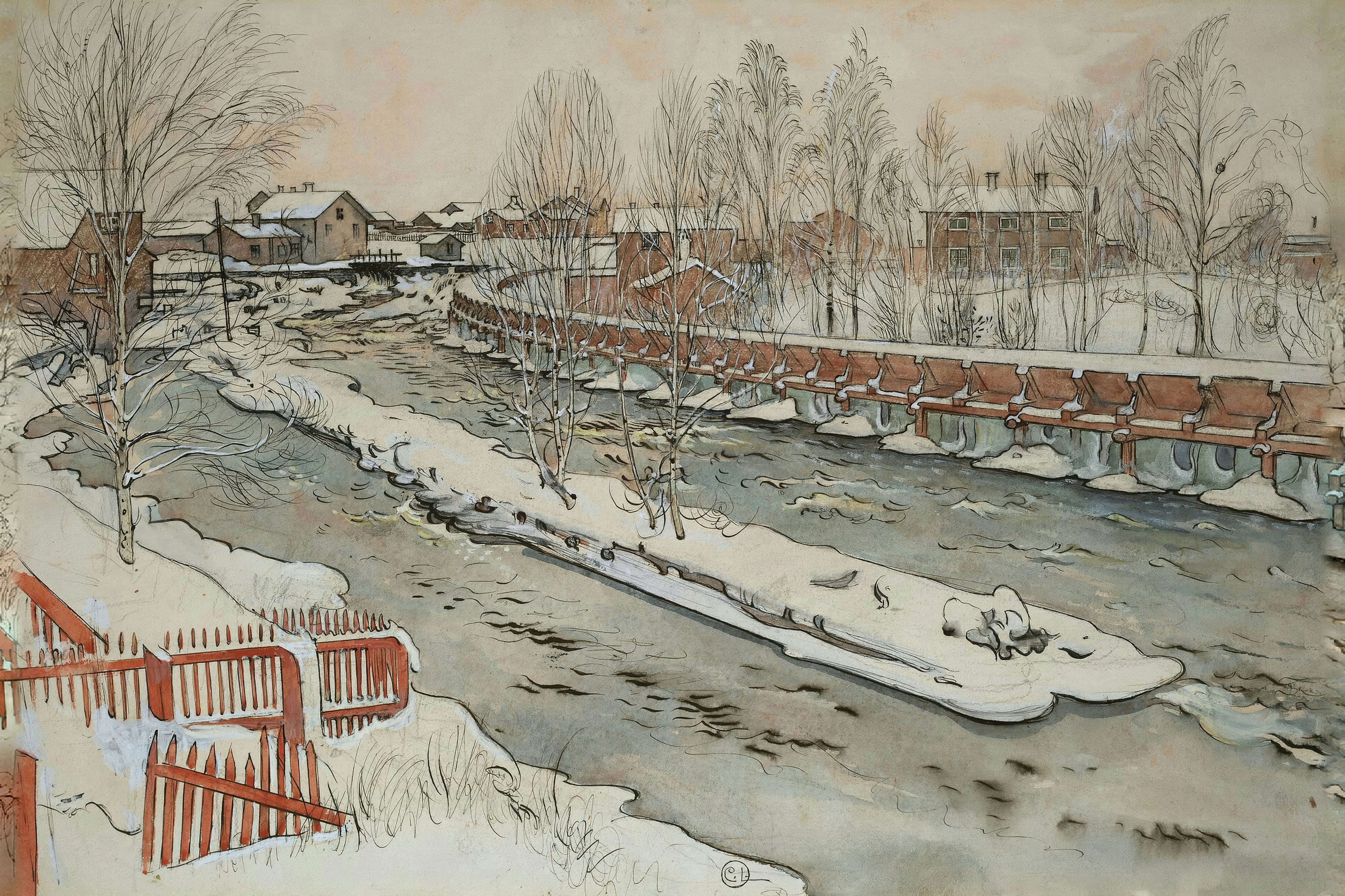 A winding river in winter, with snowy banks, a wooden timber chute and red buildings among birches.