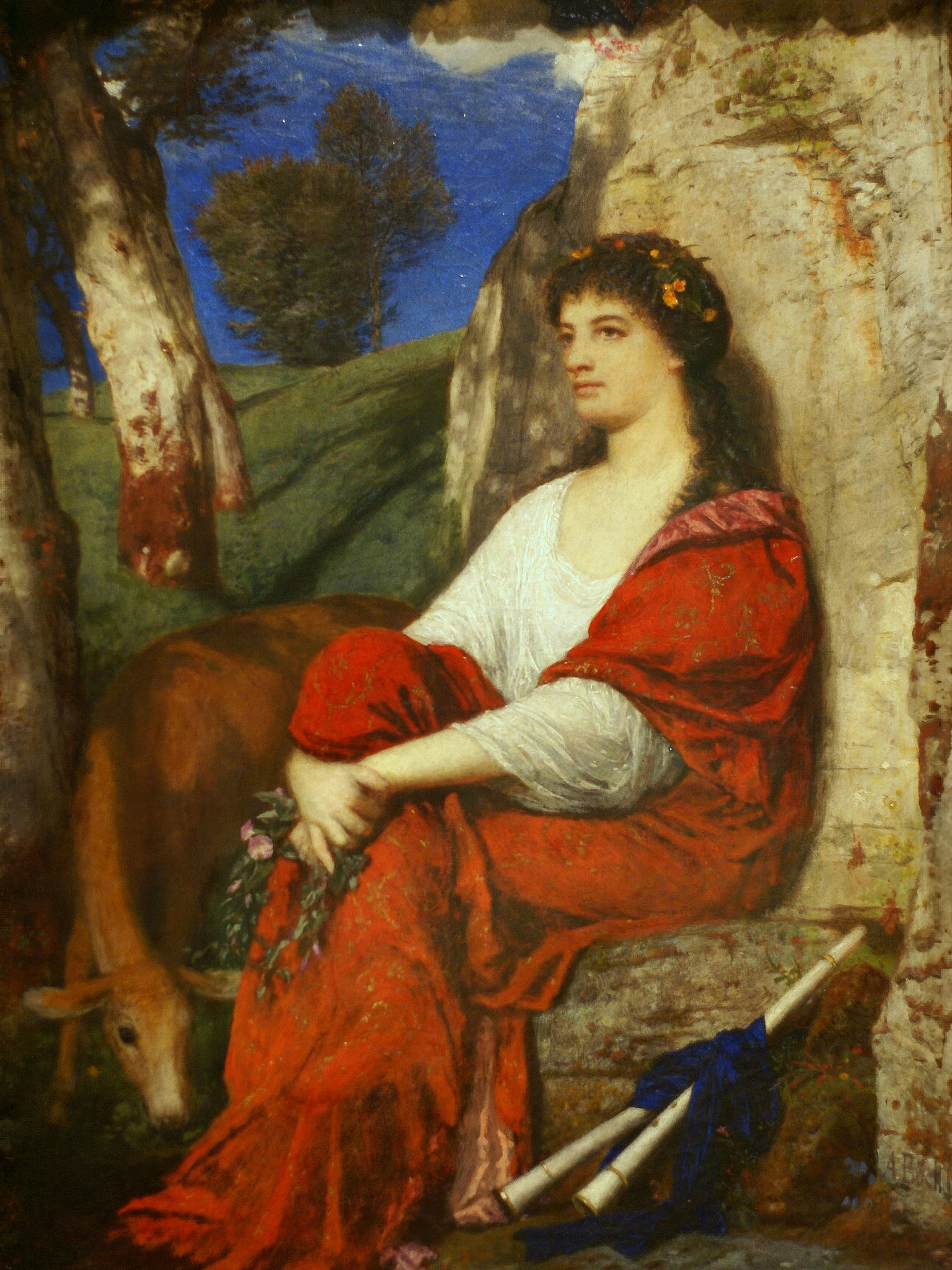 The Muse Euterpe rests against a rock beside a young deer, in a red dress.