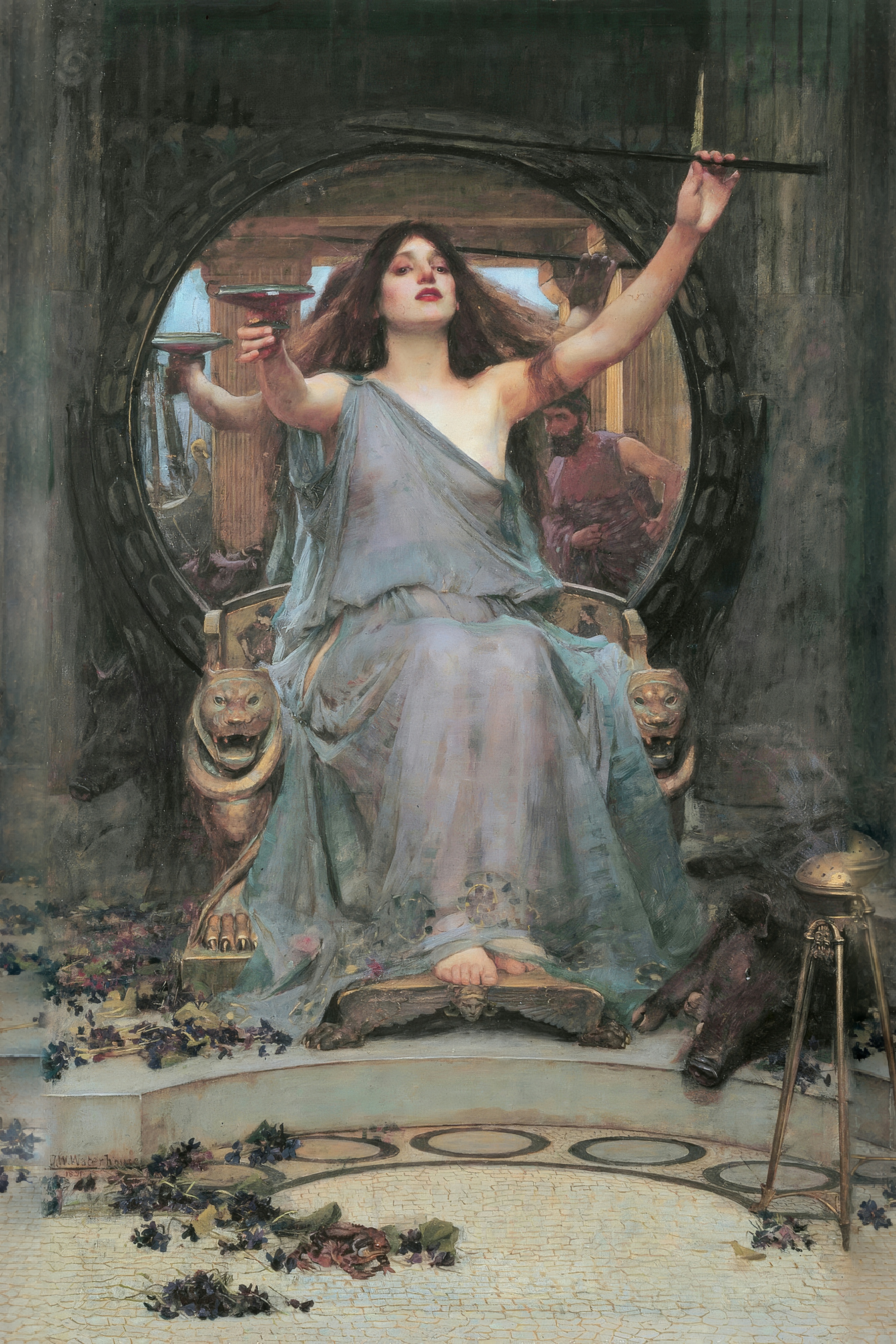 Circe sits on a throne raising a cup and a wand, while Ulysses is reflected in the round mirror behind her.