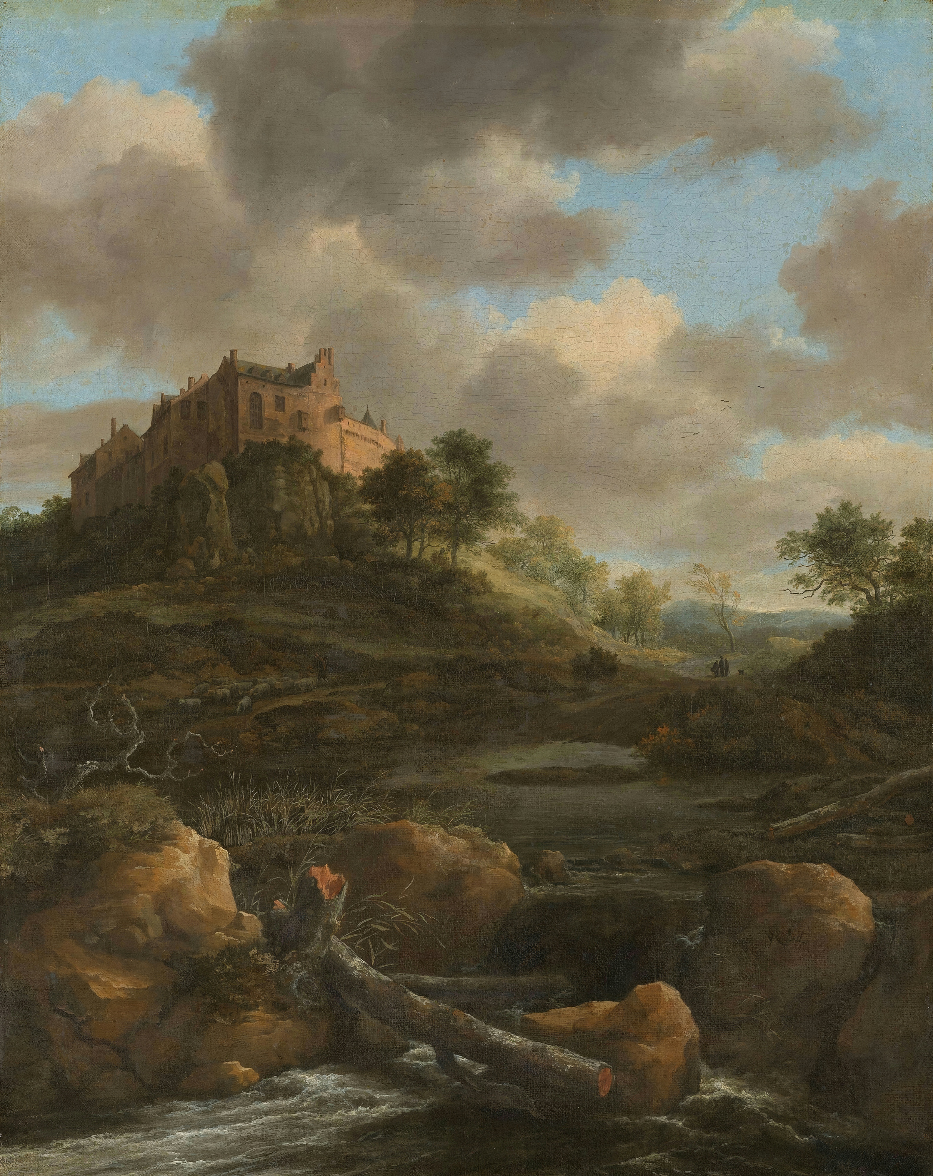 A stone castle crowns a wooded hill above a rushing stream under a vast sky.