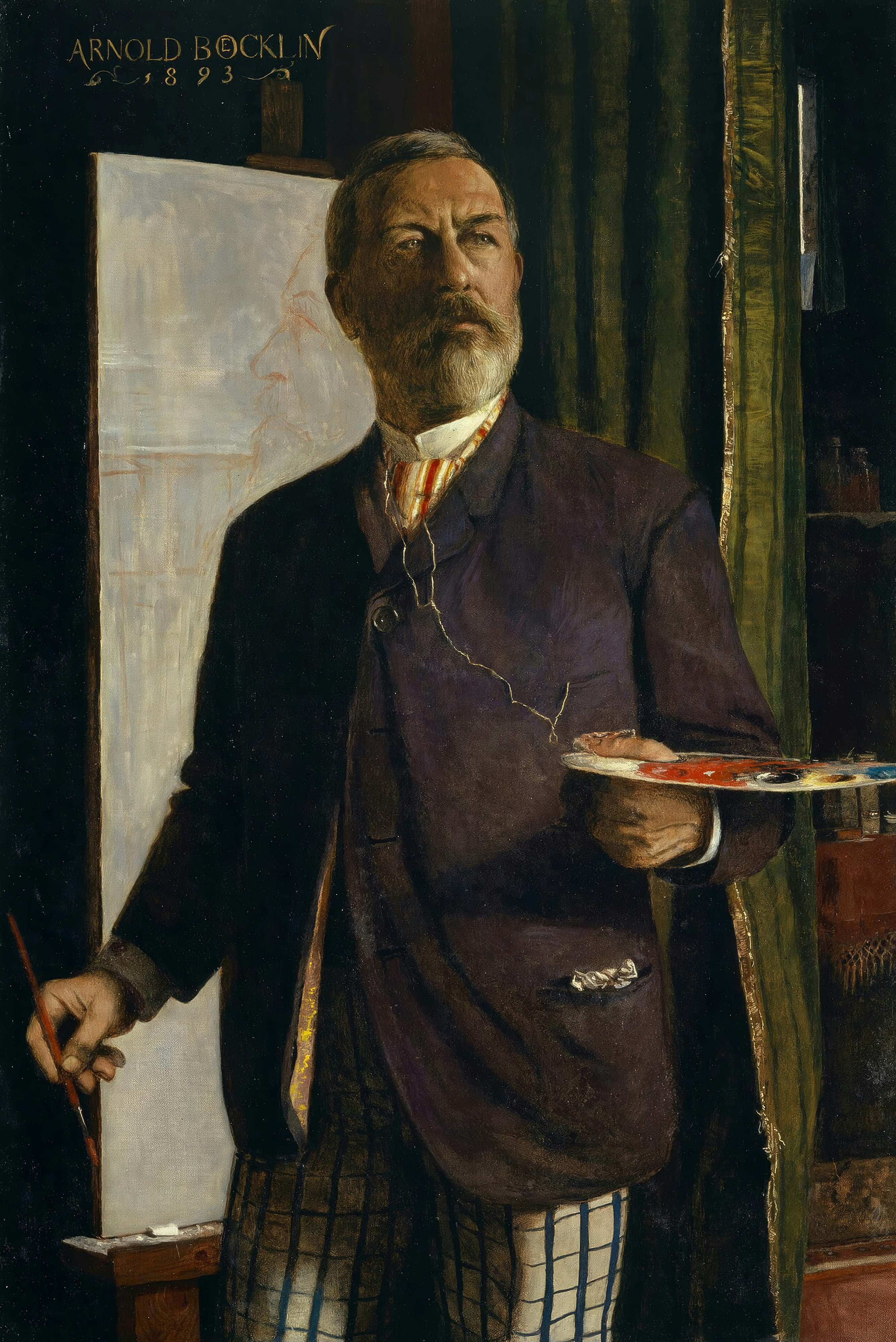 Arnold Böcklin stands in his studio before a large blank canvas, holding a brush and palette.