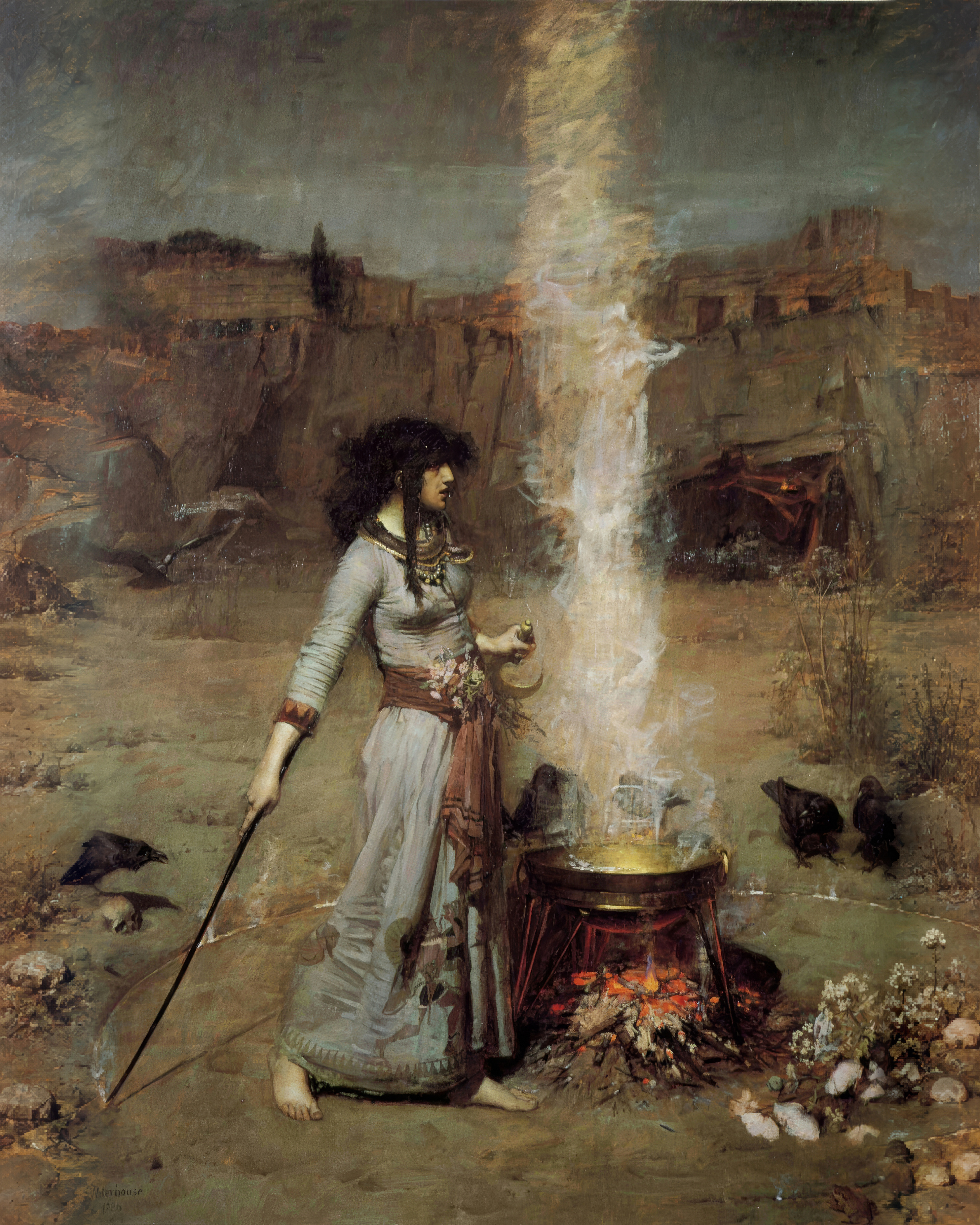 A sorceress draws a magic circle around herself with a wand beside a smoking cauldron, watched by ravens.