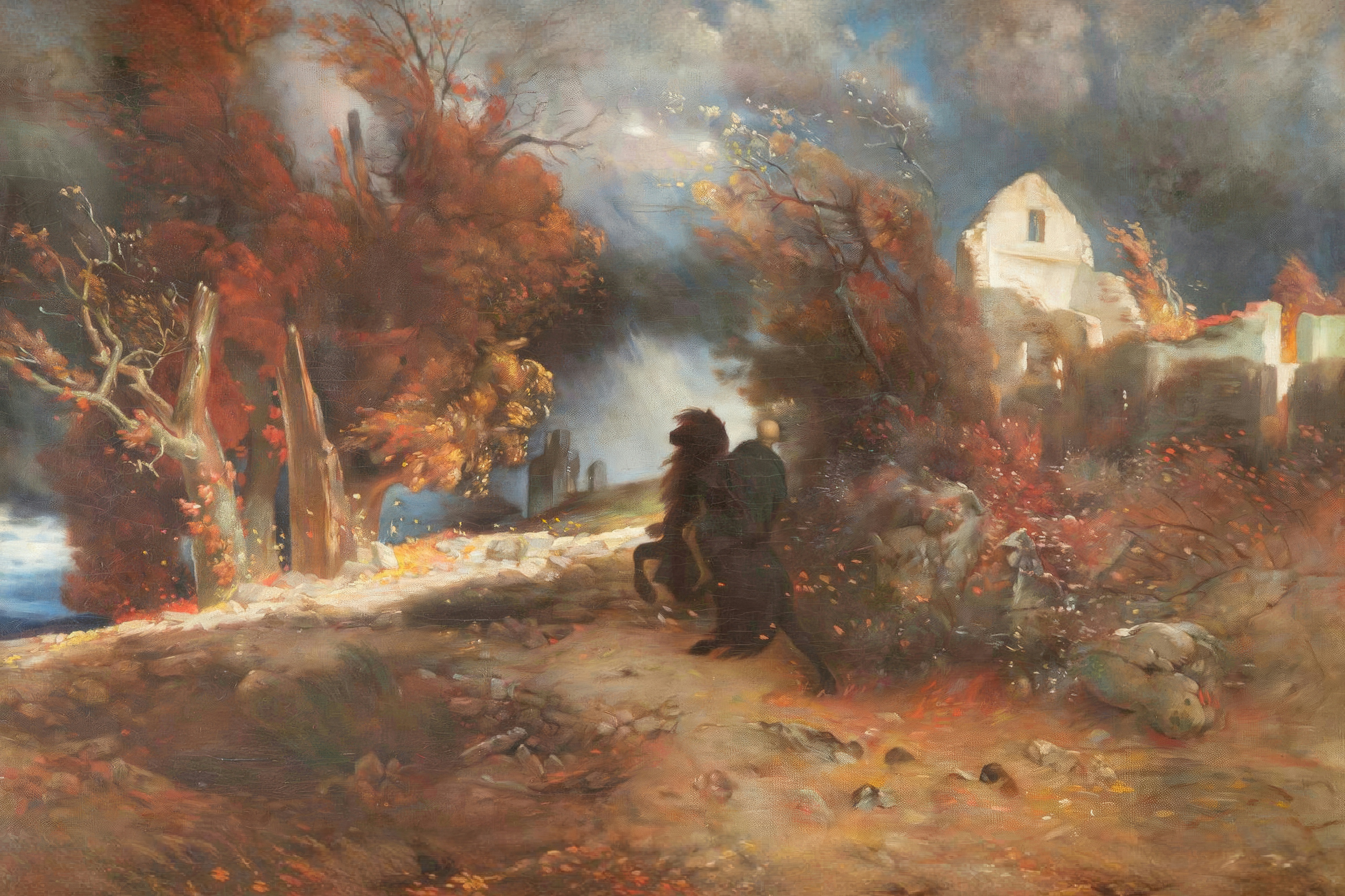A cloaked rider on a dark horse travels a path as wind strips the last red leaves from the trees, with a white ruin under a stormy sky.