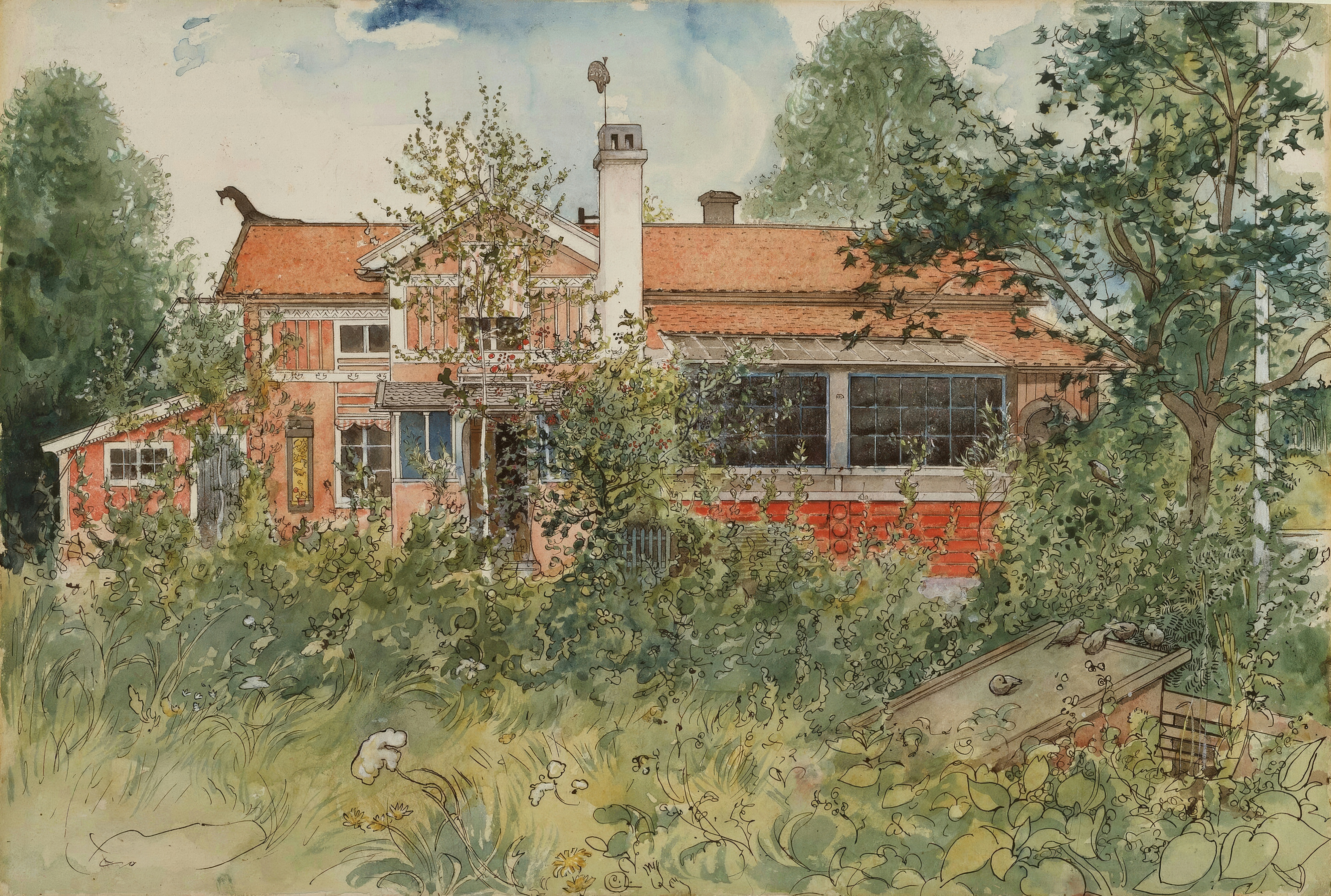 A red Swedish cottage half hidden in a summer garden, with a grey cat stretched along the roof tiles.