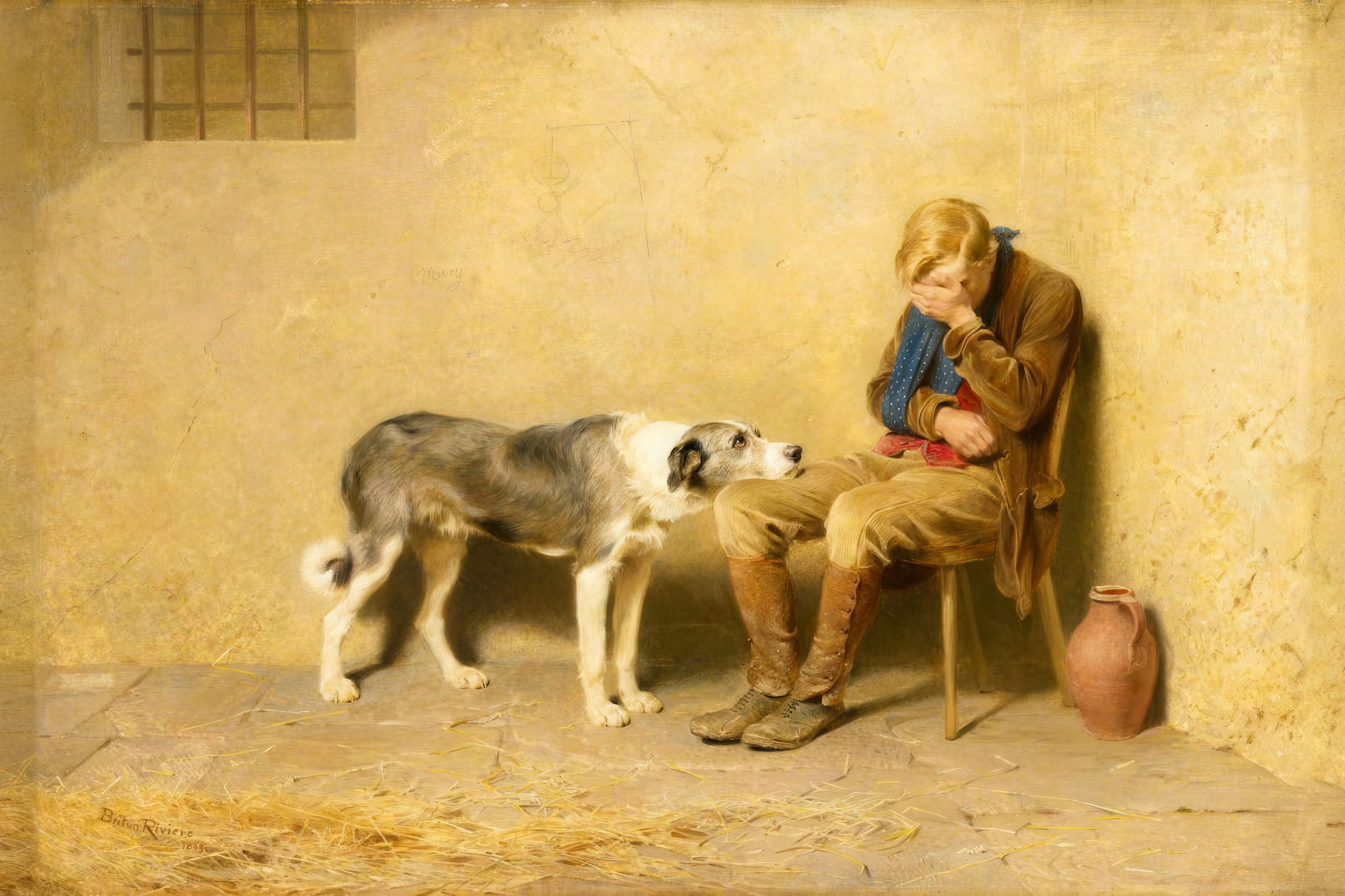A young man sits in despair in a bare room while his dog rests its head on his knee.