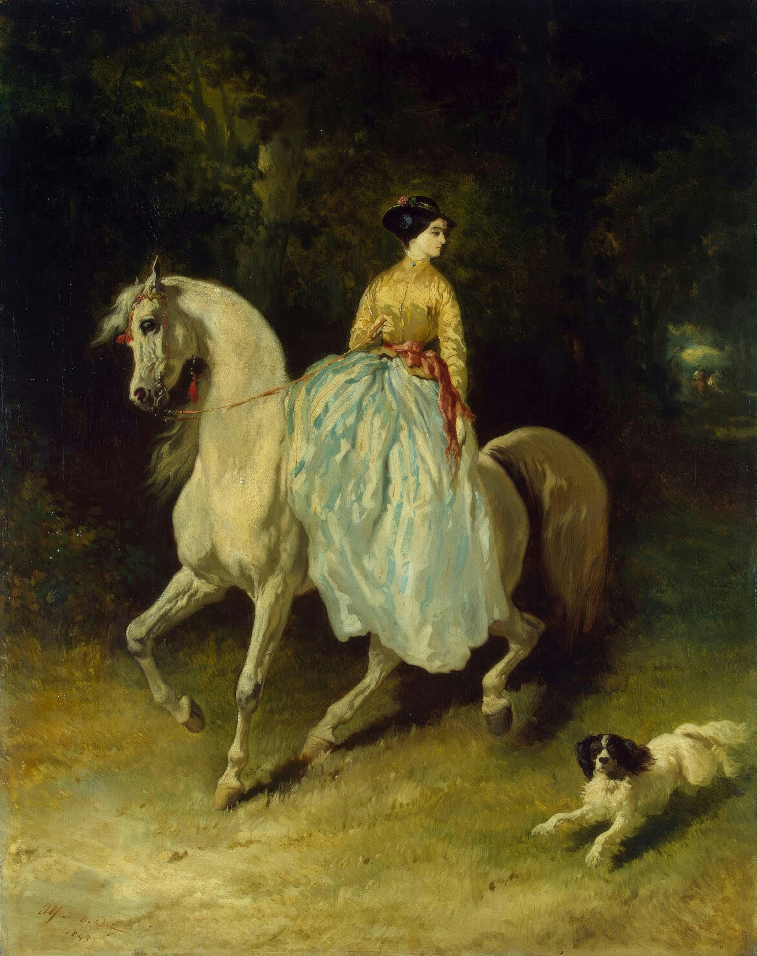 A woman in a pale blue riding habit rides side-saddle on a white horse, a small spaniel running beside them.