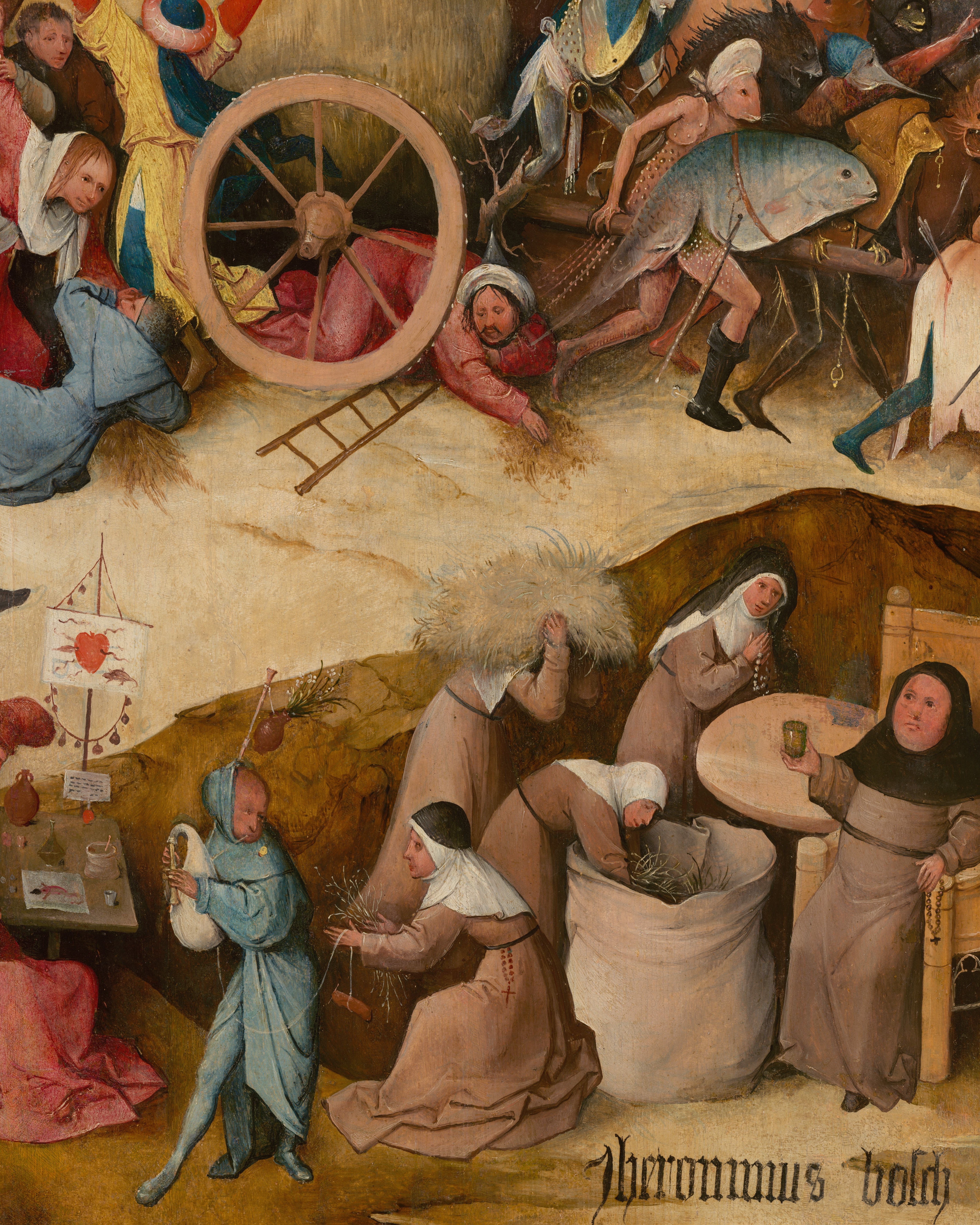 Nuns stuffing hay into a large sack while a seated friar drinks at a table, in the lower right corner of the centre panel; detail of Bosch's Haywain Triptych.