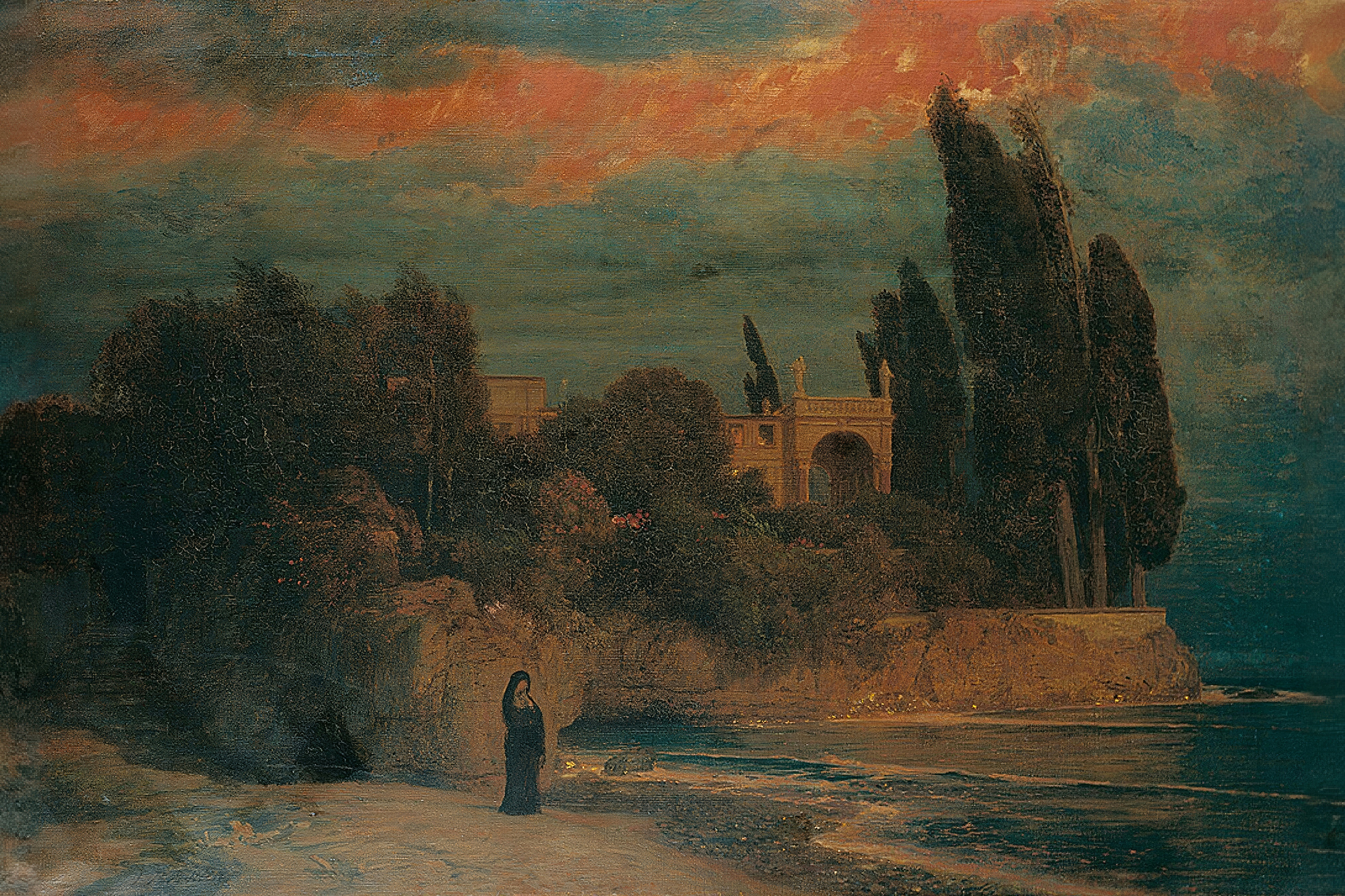 A dark robed figure stands at the shore below a villa among cypresses at dusk.