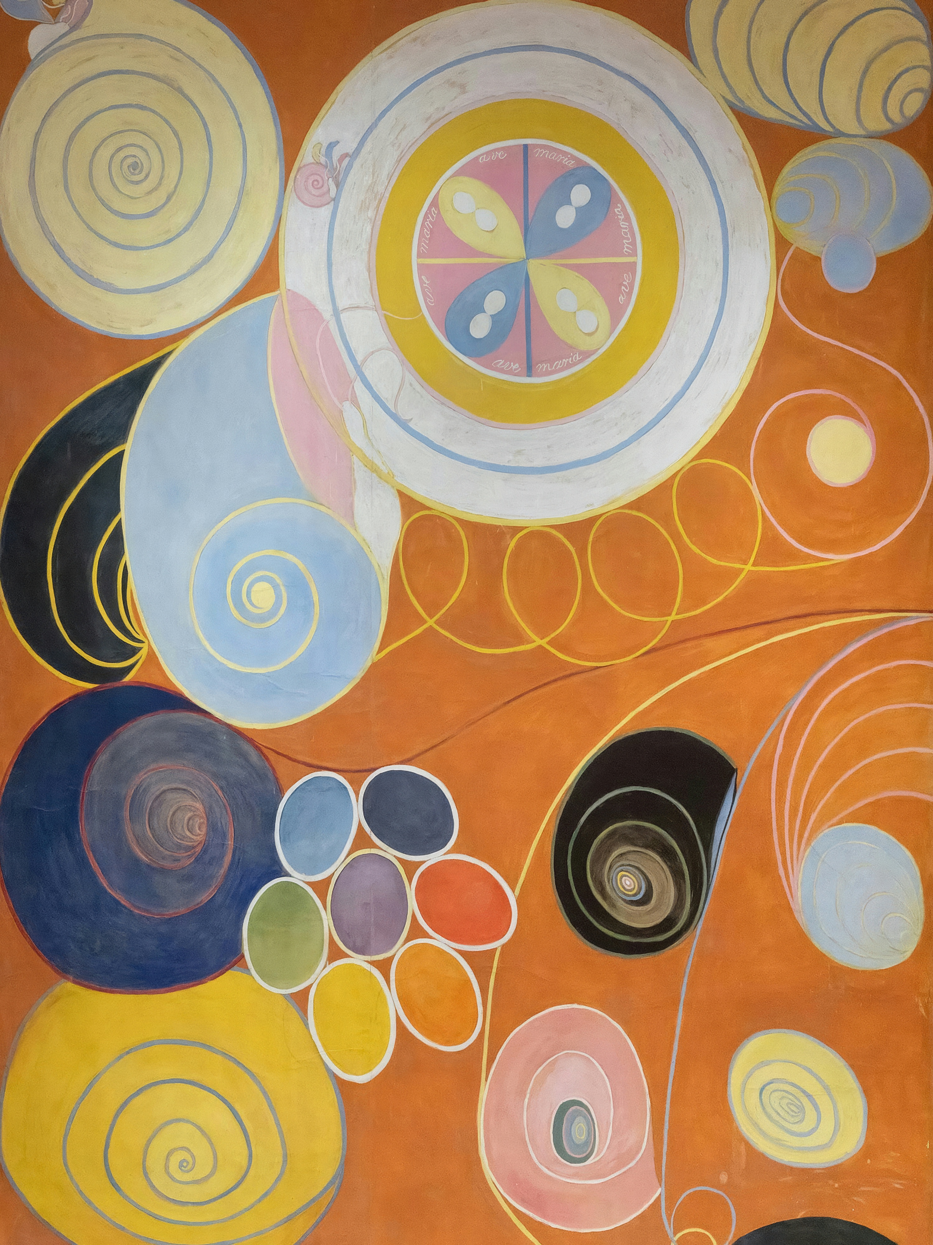 Circles, spirals and flower forms drift across a terracotta orange ground.