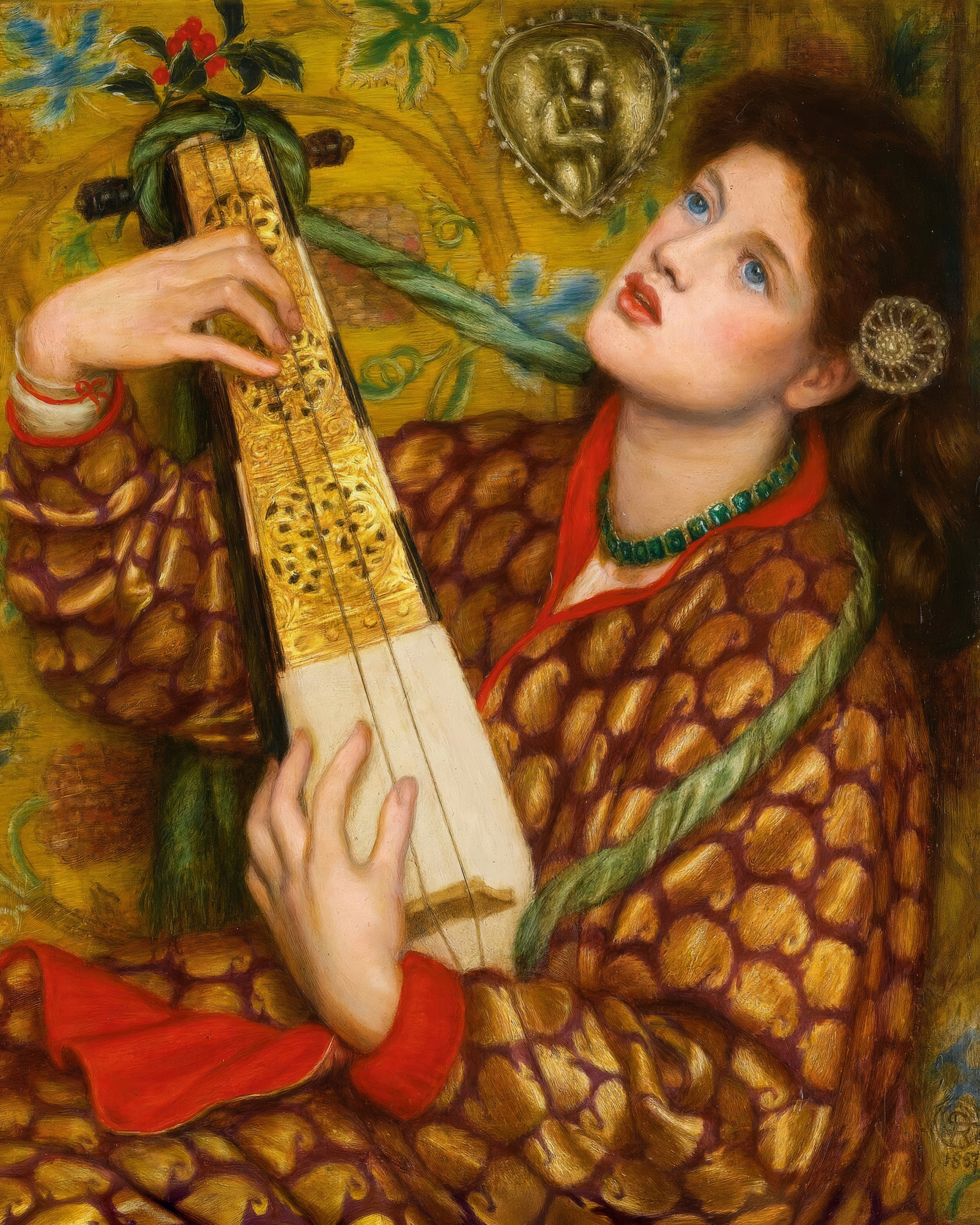 A woman with auburn hair in a gold and red patterned robe plays a gilded instrument decorated with holly.